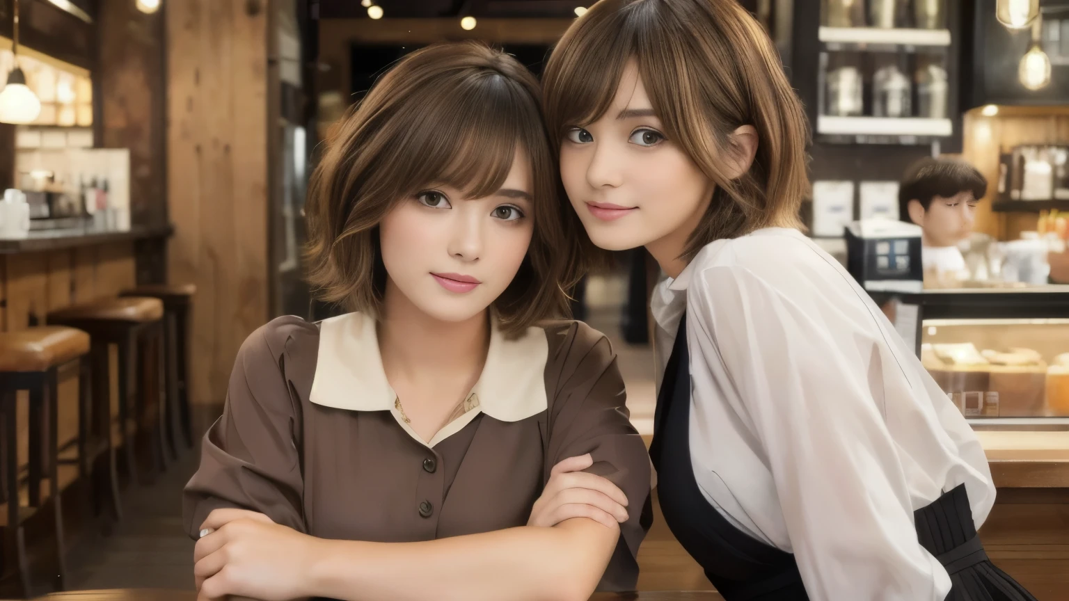 super high quality, Fashion Model, Short Hair, Slender, (8k、RAW Photos、highest quality、masterpiece:1.2), Japanese Idol, Serious expression, Shaggy, Brown Hair, Stylish café, Fashion magazine shooting, The cafe is crowded with people enjoying themselves., (Realistic、Photorealistic:1.37), Beautiful Face , Urban Cafe, Small breasts, A gentle gaze, Spring Clothes, Neat clothes