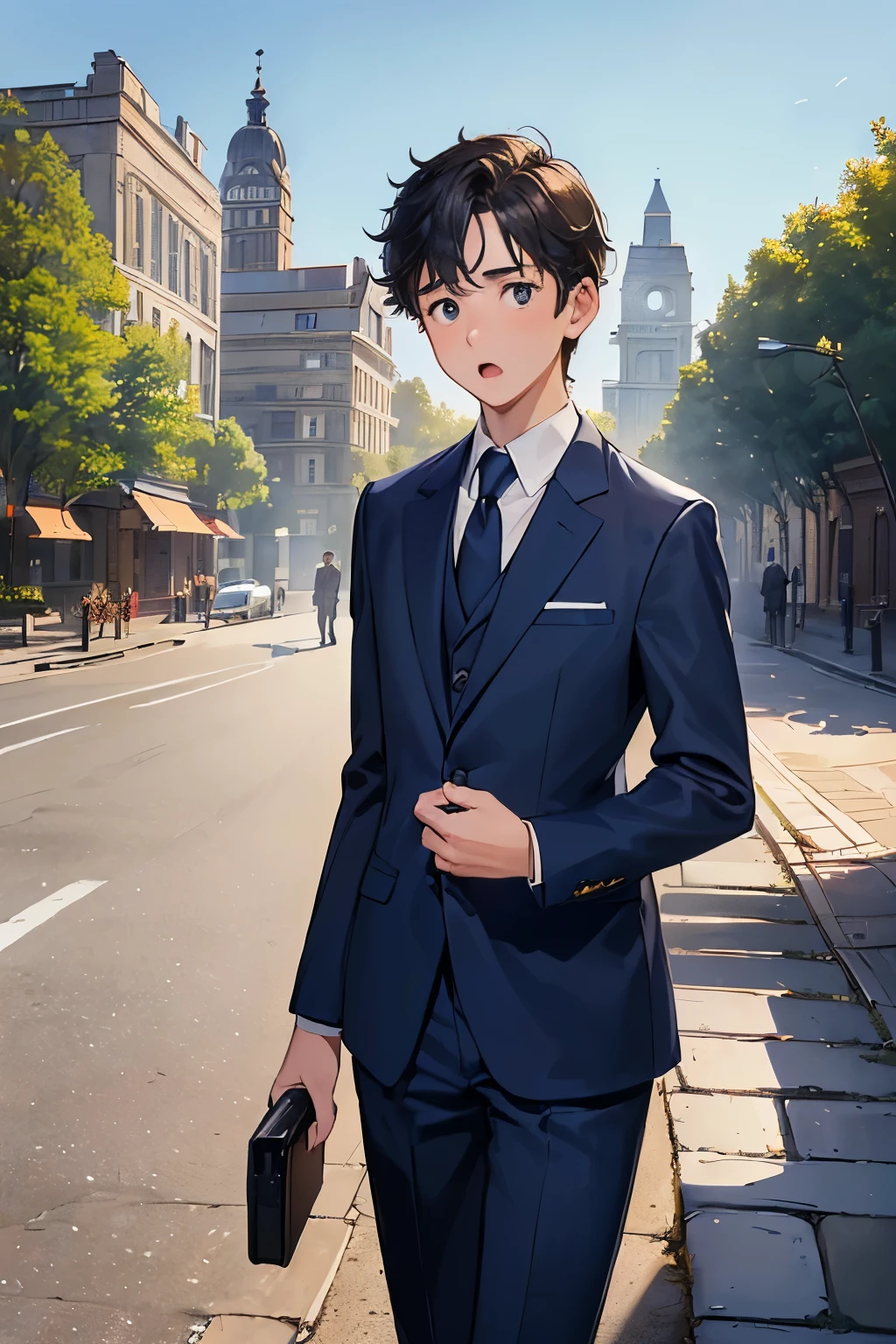 ((best quality)), ((masterpiece)), ((detailed)), (((perfect face))), (((18yo boy in navy blue suit))), (((walking across city street))), (((brick arch gate in background))), (((trees))) (((looking sideways at viewer))), (((surprised:1.4)))