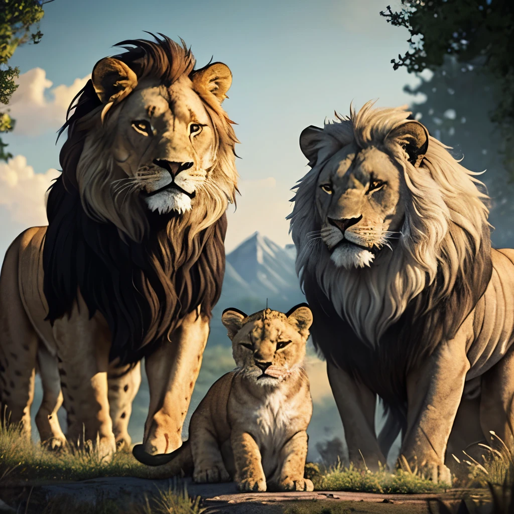 A robust and old lion with a large gray mane and semi-round dark spots all over his fur along with another smaller, younger lioness with a brown mane and yellow and grated fur and finally behind the two lions a large light blue dragon. and white with white mane and a yellow horn coming out of the left side of his head, los 3 juntitos abrazados y felices juntos.