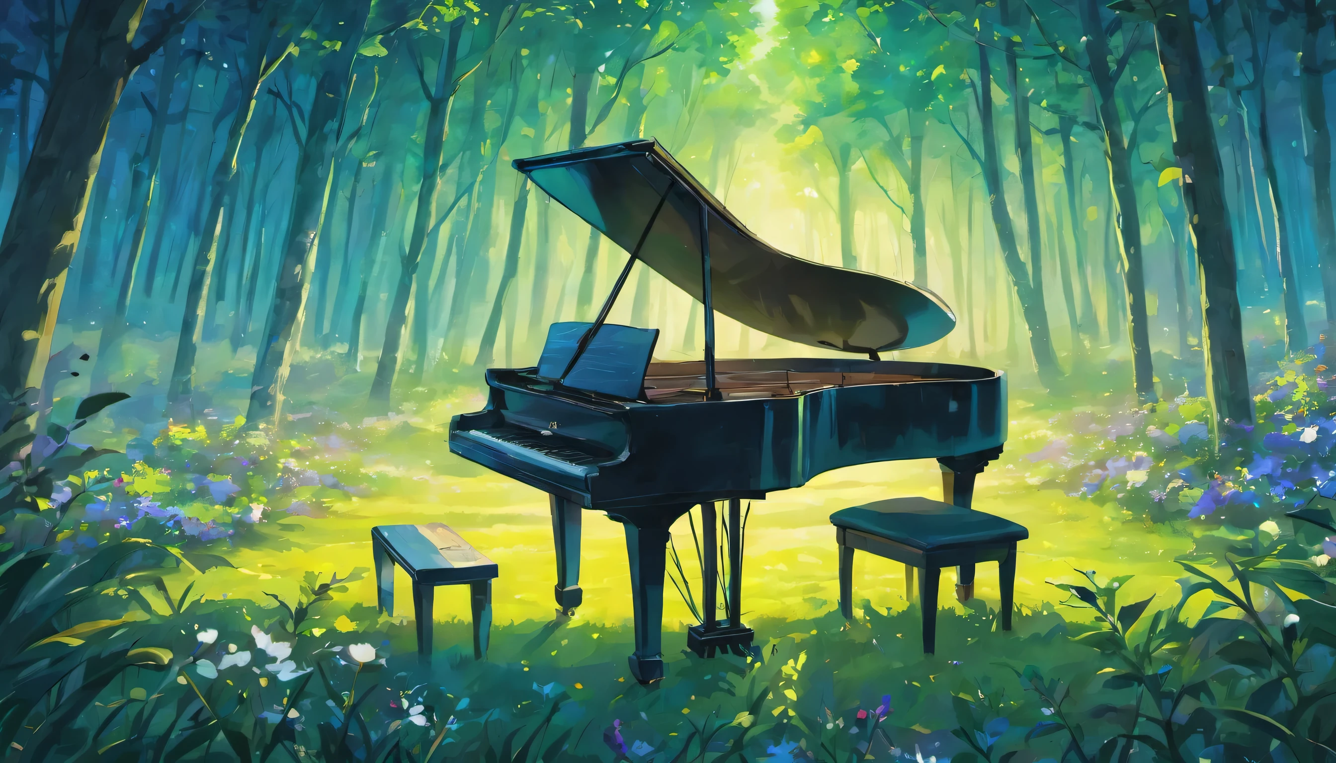 A grand piano in a forest flower field during blue hour with magnificent clouds and moonlight.、A grand piano illuminated by the full moon、No people, just a grand piano