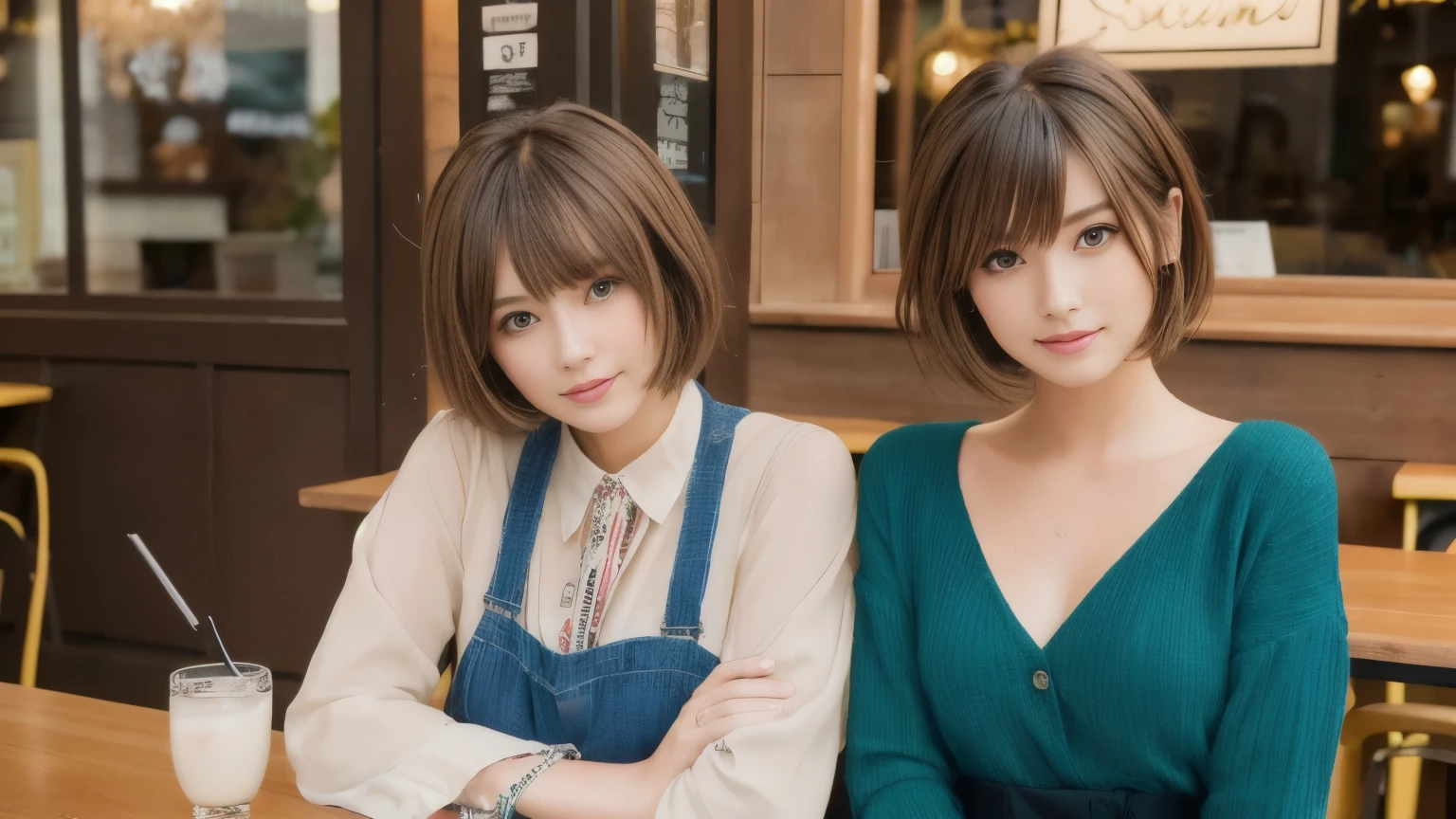 super high quality, Fashion Model, short hair, thin, (8k、RAW Photos、highest quality、masterpiece:1.2), Japanese Idols, Serious expression, Shaggy, Brown Hair, Stylish cafe, Fashion magazine shooting, People having fun at the cafe々Bustling with., (Realistic、Realistic:1.37), Beautiful Face , Urban Cafe, Small breasts, A gentle gaze, Spring Clothes, Dress neatly