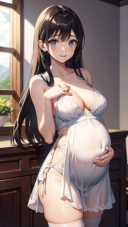 masterpiece, highest quality,健全なphotograph、 One Girl, View your audience, Small waist, RAWphotograph,You can see the strait(landscape) 、Ultra-realistic, High resolution, photograph, Sharp focus, Most detailed, Very detailed, Very detailed, In detail, Very detailed目と顔、Idol、Thighs, beautiful girl,View your audience, Small waist,Symmetrical face, whole body、white lace maternity dress、Last month of pregnancy、White lace knee socks、Cleavage、Large Breasts、Long Hair、はだけたThighs、美しいCleavage、Shaking breasts、Happy smile