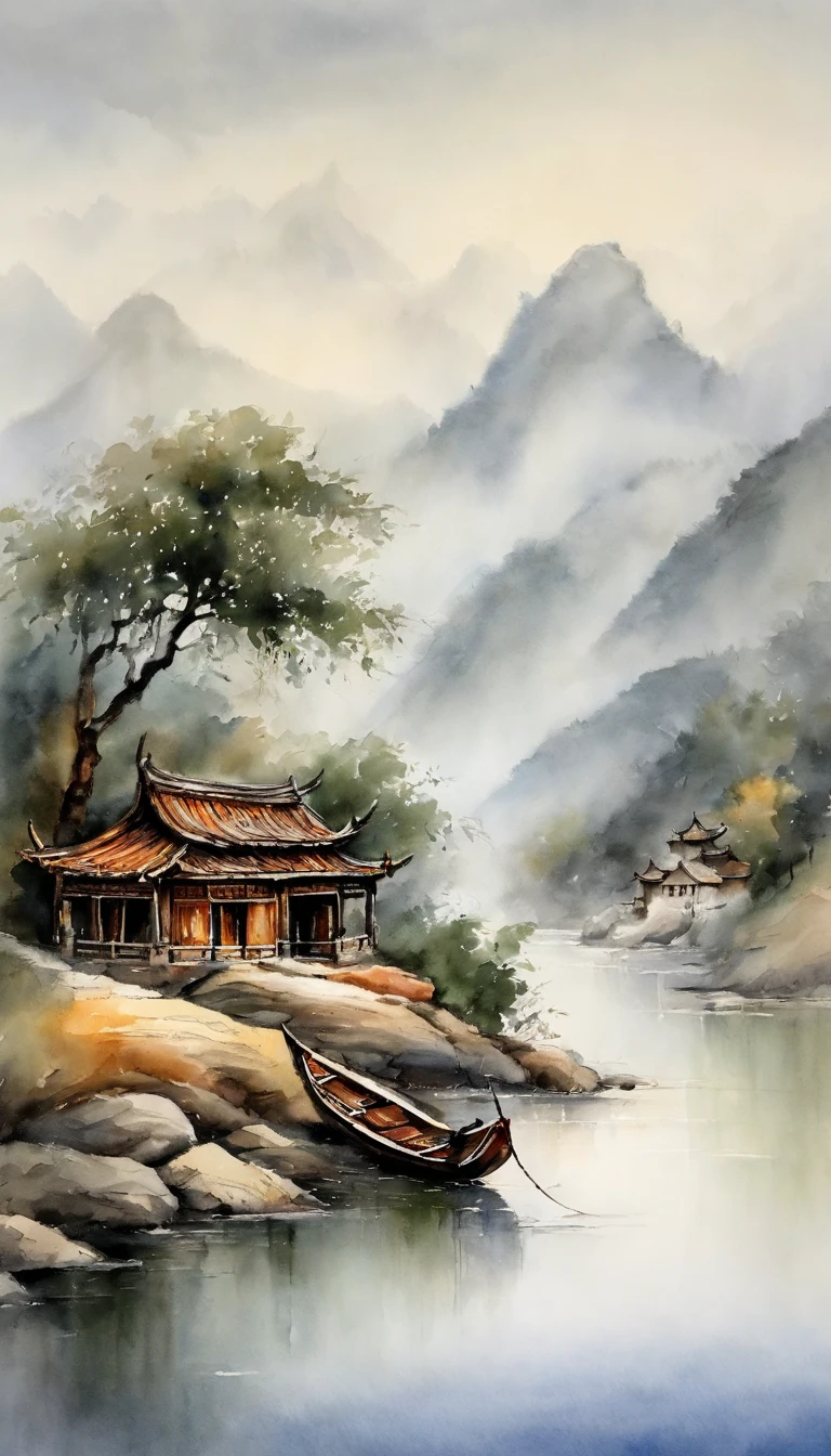 Chinese landscape painting，ink and watercolor painting，water ink，ink，Soil，Vision，Super wide viewing angle，meticulous，water ink，Soil，meticulous，Soil，Low saturation，Low contrast，The boat has passed thousands of mountains，Beautifully depicted，detailed，Acura，masterpiece，masterpiece