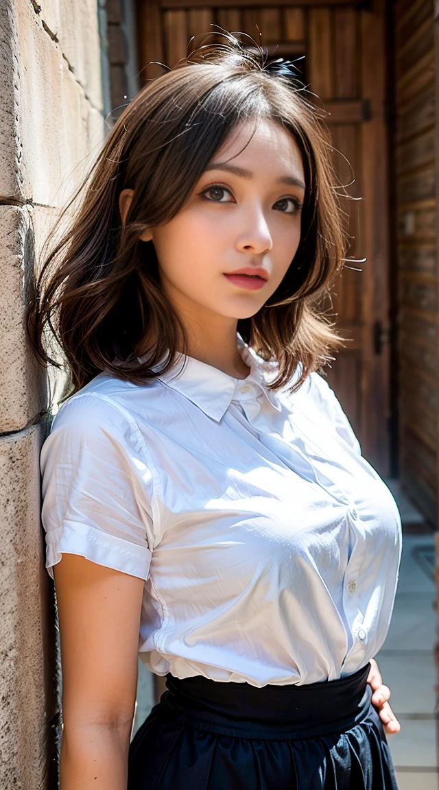 Highest quality, Ultra-high resolution, (Realistic:1.4), One girl, Button-down shirt, Black Skirt, School, Dark brown hair, chest, (Blonde:1.2), View your viewers, (Highly detailed face:1.1),, (Purelos Face_v1:0.8),Tick tock,