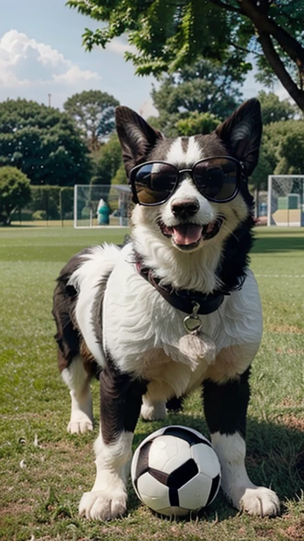 happy white and black furry dog ​​with a soccer ball with his paw up in a park with trees and lawn in sunglasses sunny day