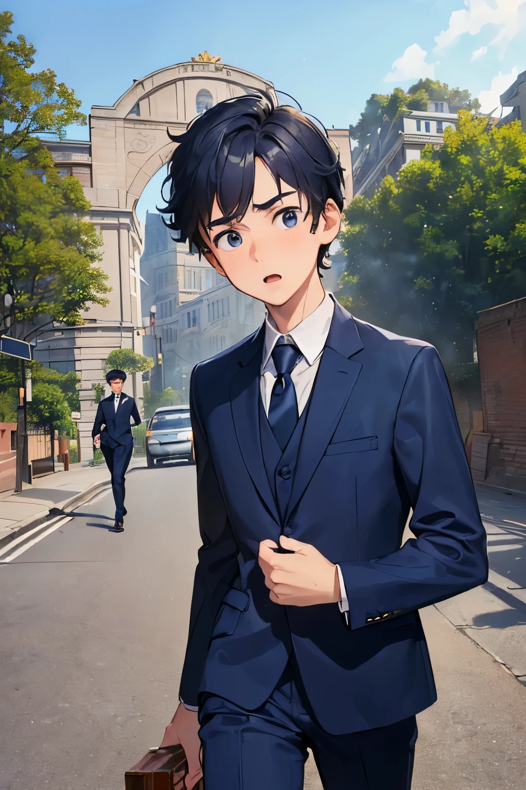 ((best quality)), ((masterpiece)), ((detailed)), (((perfect face))), (((18yo teen boy in navy blue suit))), (((walking across city street))), (((city road))), (((brick arch gate in background))), (((trees))) (((looking sideways at viewer))), (((surprised:1.4))), (((big wide eyes)))