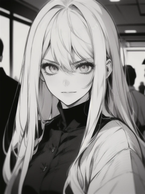 (masterpiece), (best quality), ultra high res, sharp focus, warm pastel tone, ((1 mature woman, solo)), upper body, medium long shot, MLS, black and white effect, beautiful detailed hair, messy long hair, beautiful detailed face, ((beautiful shapes of eyes)), perfect feminine face, serious face, look at the viewer, smirk, in the crowds, (background blur), style raw --1