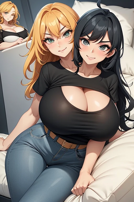 2heads, tall thin woman with 2 heads. Massive breasts. Mature. In a bedroom. Laying down on back. Black T-shirt with colorful band logo. Jeans. Deep cleavage. Messy hair. Happy. Smiling. Blushing. Cool expression, smug. Think eyeshadow. Seductive. Pulling shirt, touching breasts. Huge thighs. Extremely huge breasts. Girlfriend.