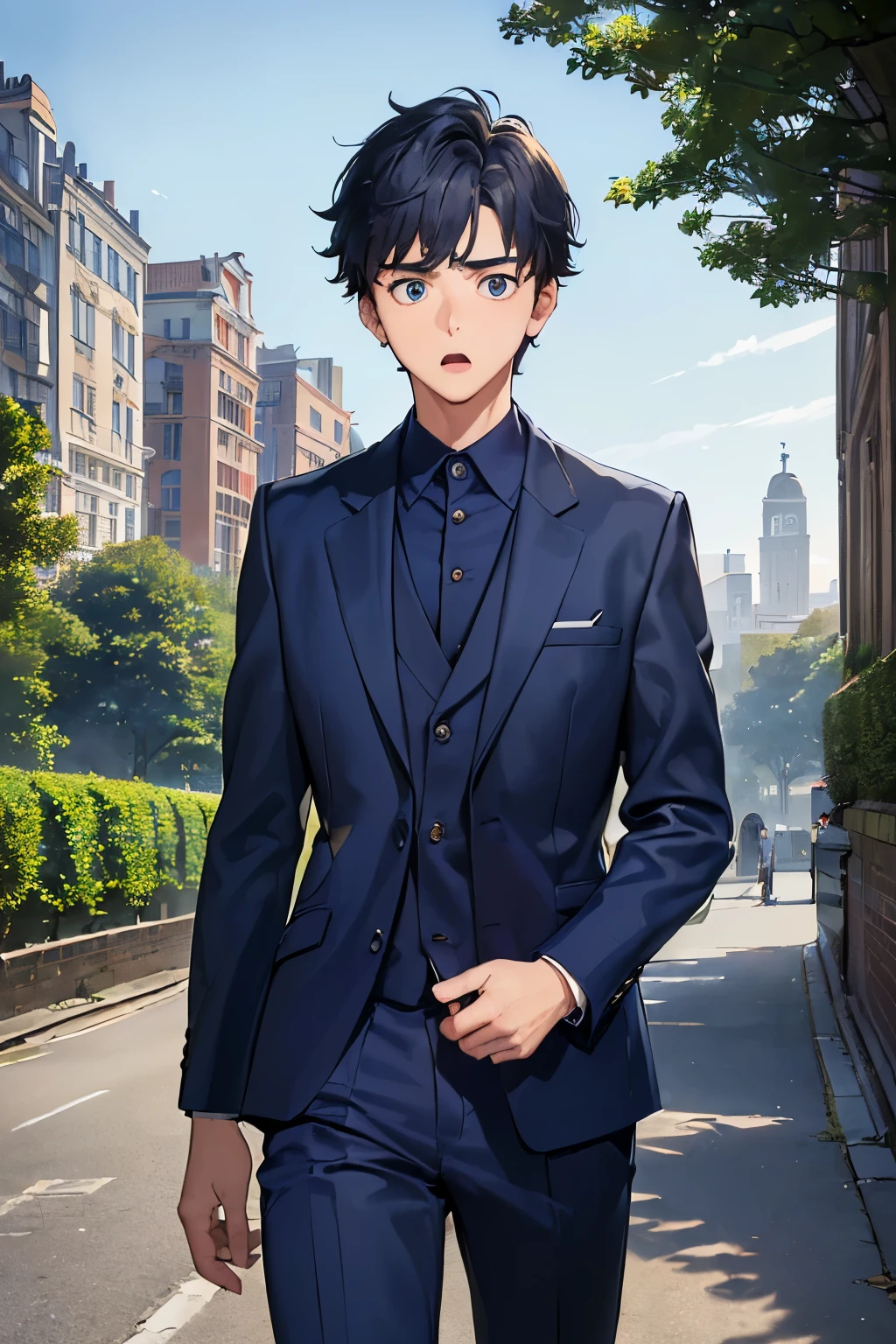 ((best quality)), ((masterpiece)), ((detailed)), (((perfect face))), (((18yo  boy in navy blue suit))), (((walking across city street))), (((city road))), (((brick arch gate in background))), (((trees))) (((looking sideways at viewer))), (((surprised:1.4))), (((big wide eyes)))