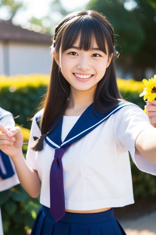 17 years old japanese school girl、Two friends taking a selfie with their smartphones in a classroom、A happy smile and an idol-like face、semi-long、Wearing a hairpin、Smiling with teeth showing、Sailor suit、Tabletop, highest quality, 8k, Teen, alone,Violet, Gardenias, Delicate girl, Upper Body, Digital SLR, View your viewers, Frank, Sophisticated, Zola々right, Thin arms, Professional Lighting, Film Grain, chromatic aberration, (Eyes and facial details:1.0), (Bokeh:1.1)
