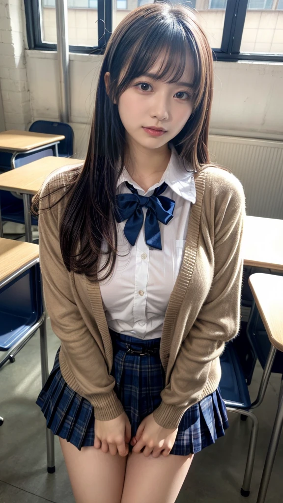muste piece, best quality, illustration, Super detailed, fine details, High resolution, 8K,wall paper, perfect dynamic composition,(Details High quality, realistic depiction of eyes:1.3), High School Classroom、High school girl uniform、Cardigan、Super Short Check Uniform Skirt、Navy blue high socks、garterbelts、Colossal tits、Disturbed uniform、, black hair color, Big Natural Color Lip, bold sexy pose, (perfect body shape), crying a little、cold gaze, Harajuku style、20 year old girl、cute type, beautiful legs, hposing Gravure Idol, Voluptuous thighs