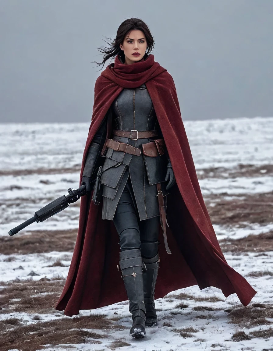 A female warrior in a desolate wasteland, wearing a cloak and the attire of the Assassin's Guild. The surroundings are worn-out, covered in patches of deep red snow, and the atmosphere is cold and chilling. The scene is reminiscent of a science fiction artwork, with elements inspired by the styles of Amedeo Modigliani and Donato Giancola. The image resembles a still frame from a movie, capturing the intensity and drama of the moment.background：battlefield，Army Group Operations