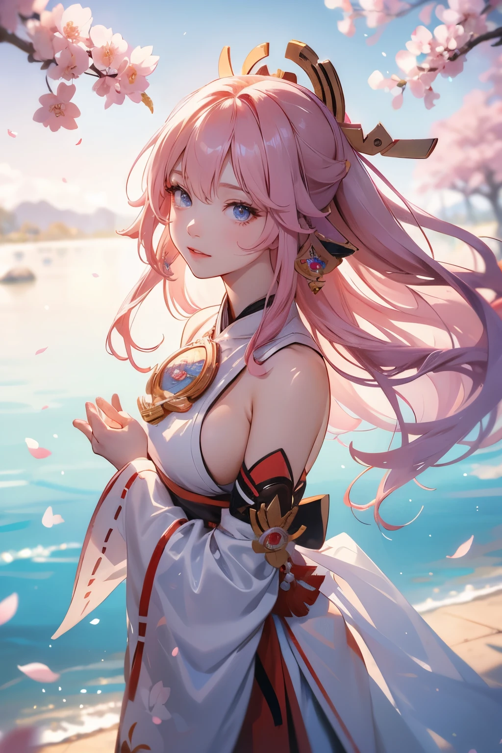 Hair ties, Falter, Long eyelashes, Round eyes, A light smile, Ear brush, tooth, Surrealism, Cast a Shadow, Anaglyph, Stereogram, tachi-e, throw, Atmospheric perspective, 8k, Super Detail, Accurate, highest quality,girl,((Yae Miko in Genshin,Genshin Impact)), Cherry blossom petals surround her, Best Anime,桜の木の前で剣を持っている長い髪のアニメのgirl, anime art wallpaper 4k,A little bit of side boob is visible、White shrine maiden costume