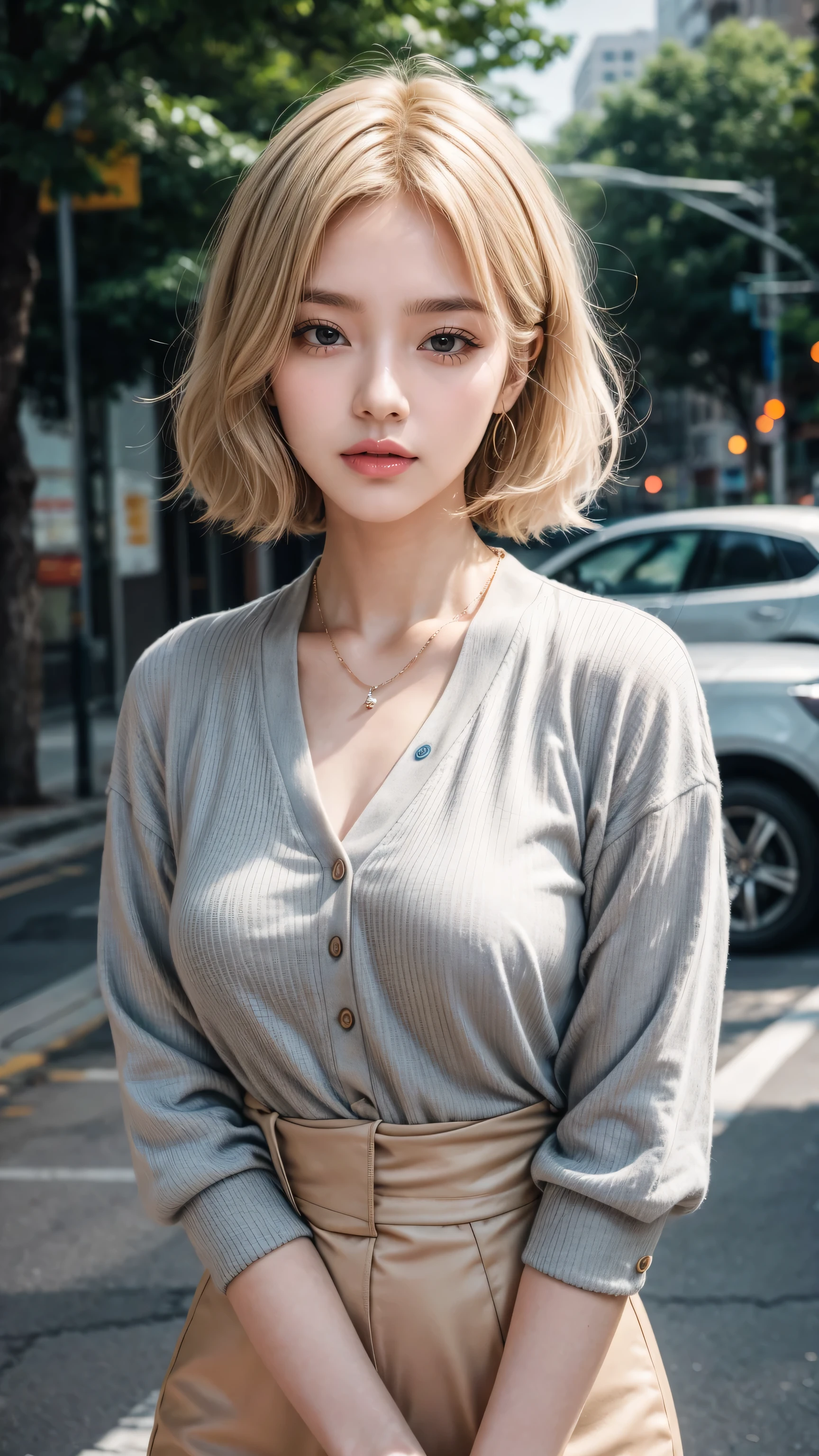 Curly Bob Hairstyle, Platinum blonde haired woman in orange collared shirt posing for photo in the city, 8K Artgerm bokeh, Well-proportioned body, Beautiful Korean woman, Gorgeous necklace, Young beautiful Korean woman, Soft portrait shots 8 k, Korean Girl, Narrow eyes, Beautiful grey eyes, Chen 8K, Cute young woman, Korean woman, Beautiful blonde girl