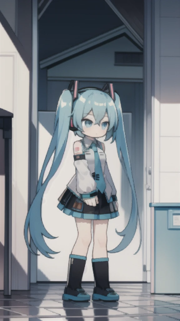 masterpiece, best quality, chibi, 1 girl, miku, Hatsune Miku, (full body), city,rain,colorful