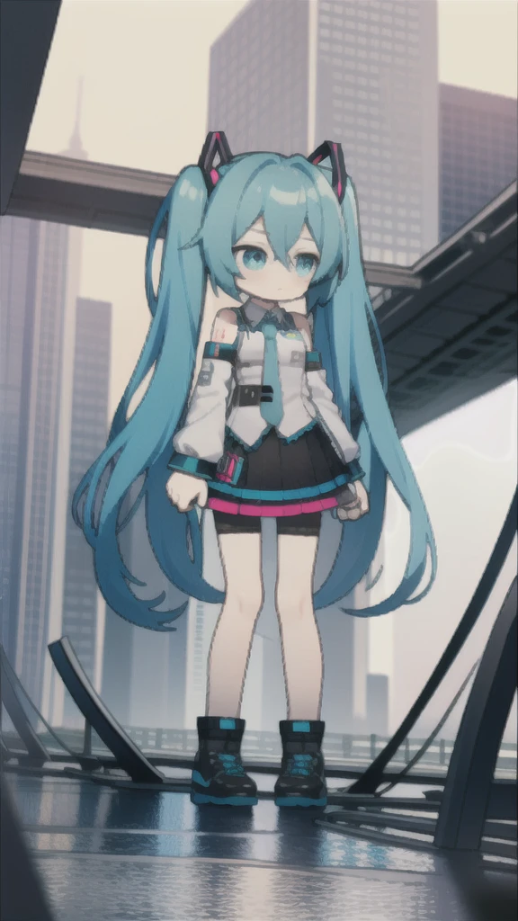 masterpiece, best quality, chibi, 1 girl,  miku, Hatsune Miku, (full body), city,rain,colorful
