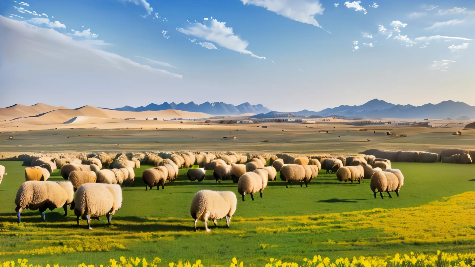 Many Tan sheep grazing on grassland against sky background,Blue sky and white clouds,Bright Light,Ningxia, China, In the distance is the desert,photography,8k,HD,photo,((best quality)), ((masterpiece)), (detailed), perfect face