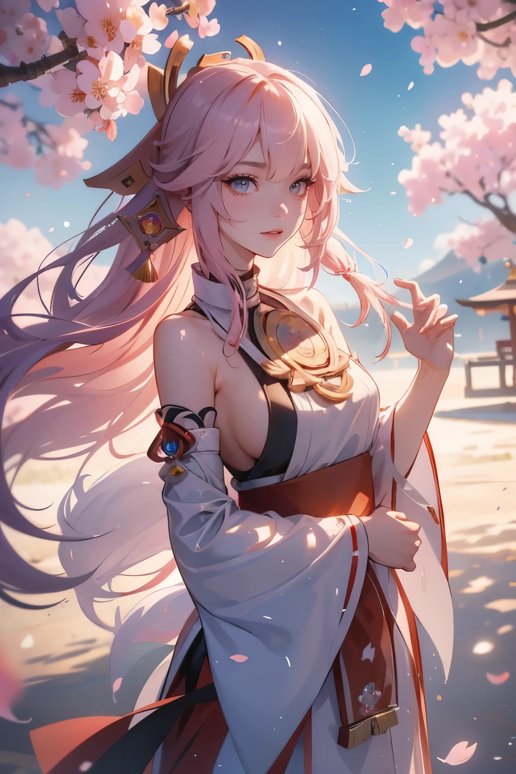 Hair ties, Falter, Long eyelashes, Round eyes, A light smile, Ear brush, tooth, Surrealism, Cast a Shadow, Anaglyph, Stereogram, tachi-e, throw, Atmospheric perspective, 8k, Super Detail, Accurate, highest quality,girl,((Yae Miko in Genshin,Genshin Impact)), Cherry blossom petals surround her, Best Anime,桜の木の前で剣を持っている長い髪のアニメのgirl, anime art wallpaper 4k,A little bit of side boob is visible、White shrine maiden costume