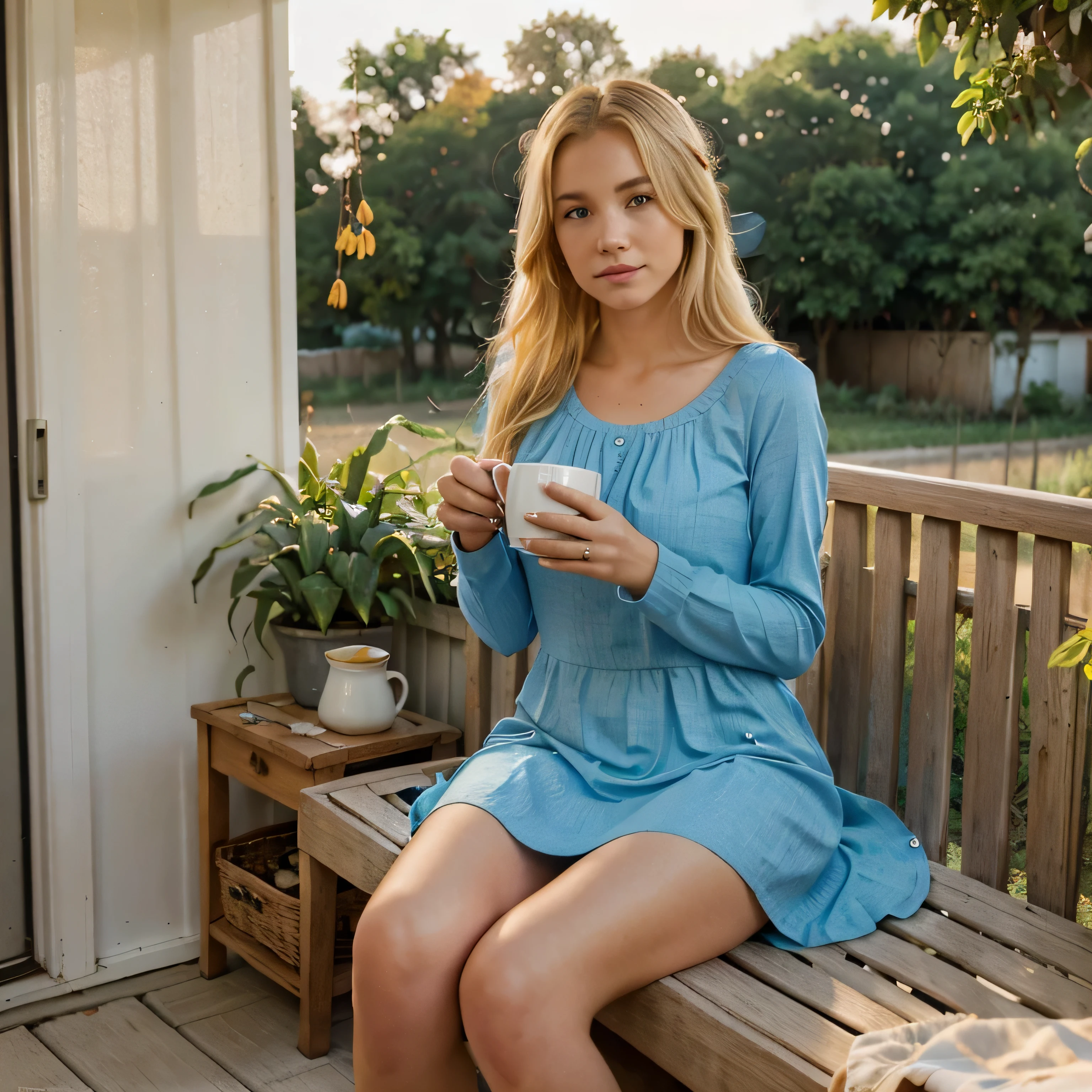 A woman with blonde haiwearing, blue short dress sitting on a porch of small house in a corn field enjoying a cup of tea in the morning,long sleeves,sunny morning,colorful,natural lighting, facing camera, genuine emotion,no makeup, young adult, neutral color palette