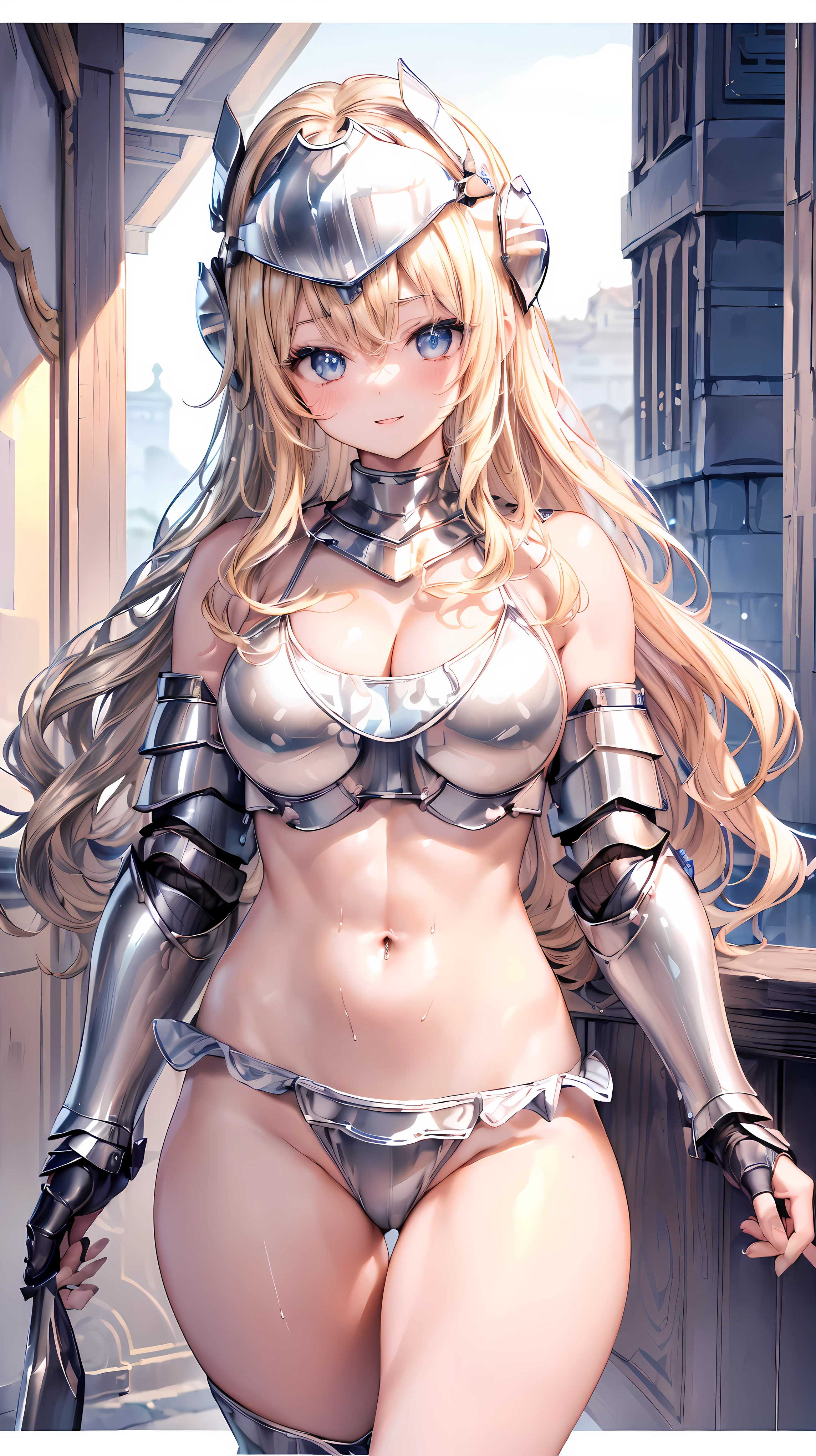 Very detailed、highest quality、Best image quality、masterpiece、8k、Anime Face、A kind smile、Open your mouth、Sparkling blue eyes、(Blonde wavy hair:1.5)、、Muscles of the whole body、camisole、Thigh belt、mini skirt、(Wearing silver bikini armor:1.5)、(Cowboy Shot:1.5)、(Leg armor:1.5)、(Wearing a helmet:1.5)