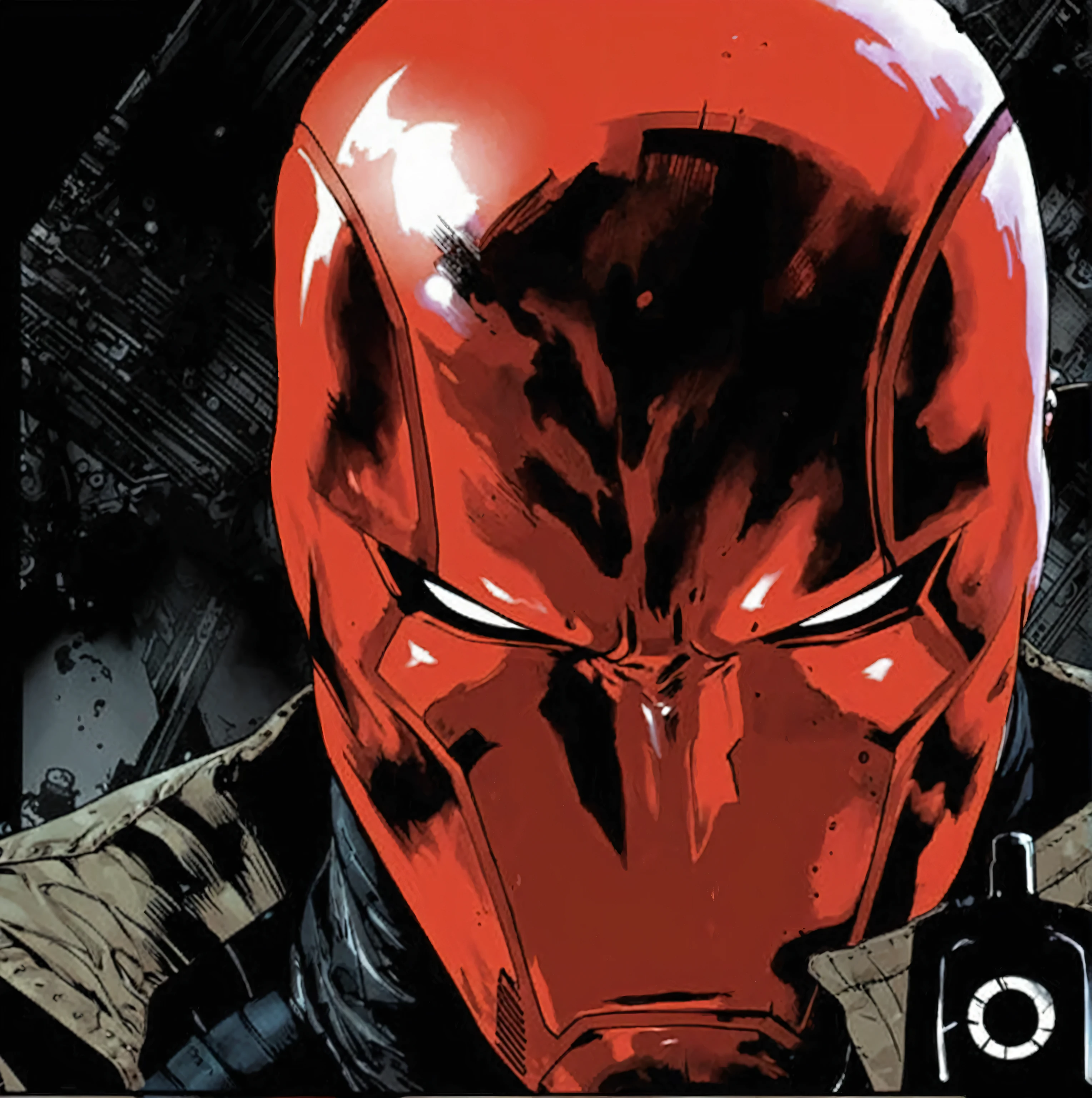 a close up of a man in a red deadpool mask with a gun, caveira Vermelha, capuzes vermelhos, villain wearing a red oni mask, design criativo de frank miller, cosplay do capuz vermelho, inspirado em Frank Miller, capuz vermelho dc comics, jason todd, quadrinhos de imagem, Jason Fabok, estilo frank miller, nose of caveira Vermelha, por Gavin Nolan, rosto vermelho, inspirado em Mike Deodato