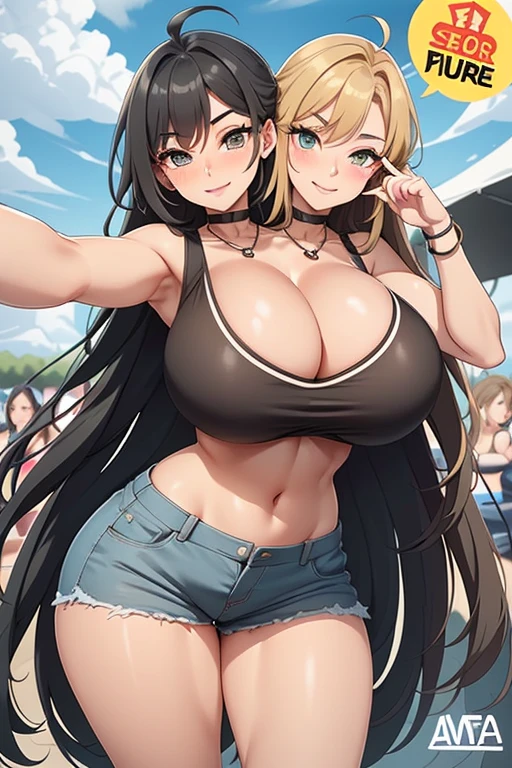 2heads, tall thin woman with 2 heads. Massive breasts. Mature. At a music festival. Drinking a beer. Festival attire. Deep cleavage. Messy hair. Happy. Smiling. Blushing. Cool expression, smug. Think eyeshadow. Seductive. Pulling shirt, touching breasts. Huge thighs. Extremely huge breasts. Girlfriend. Selfie, POV selfie, talking a selfie.