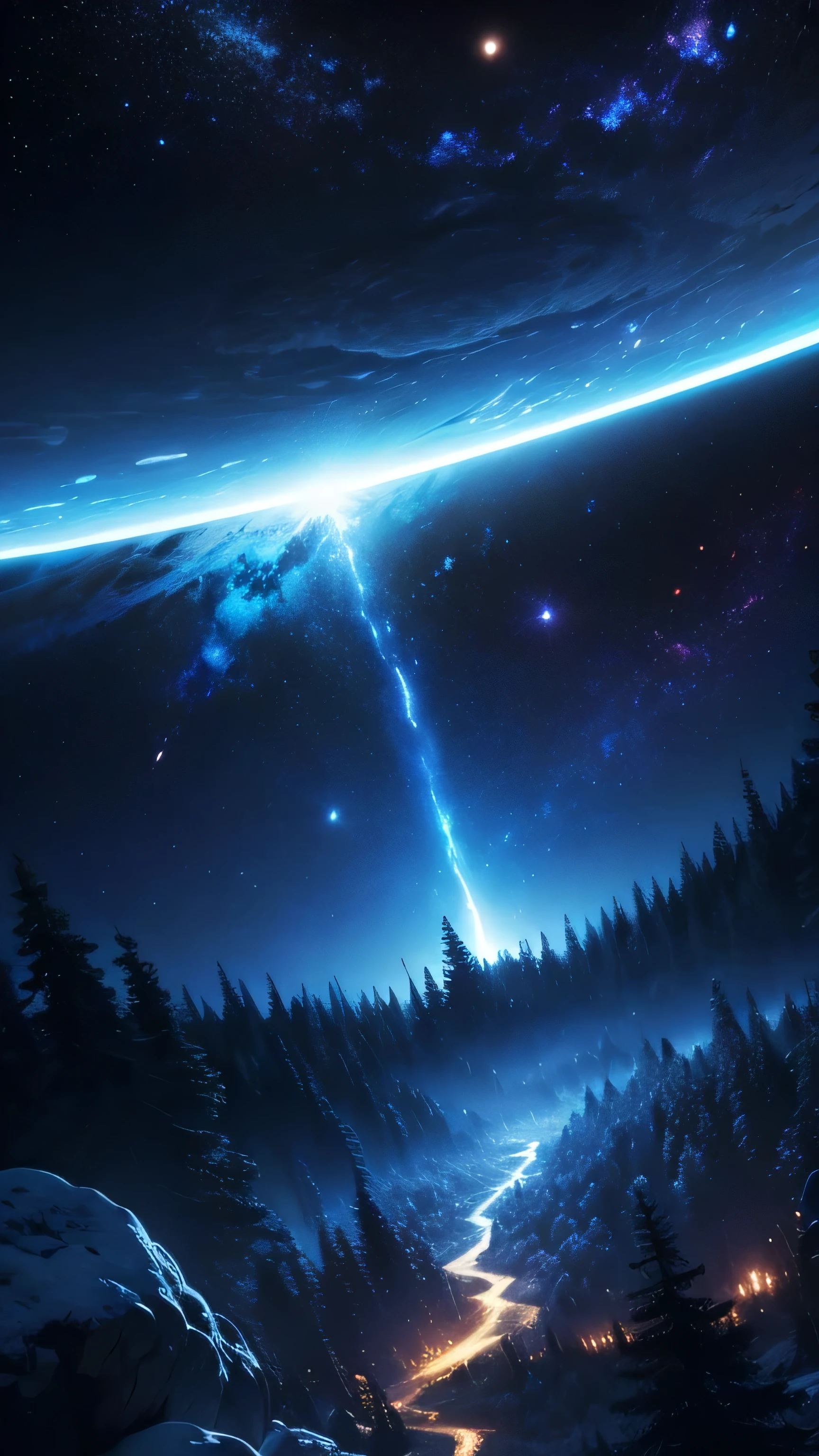 planet, galaxy, forest, night, blue light, 8k