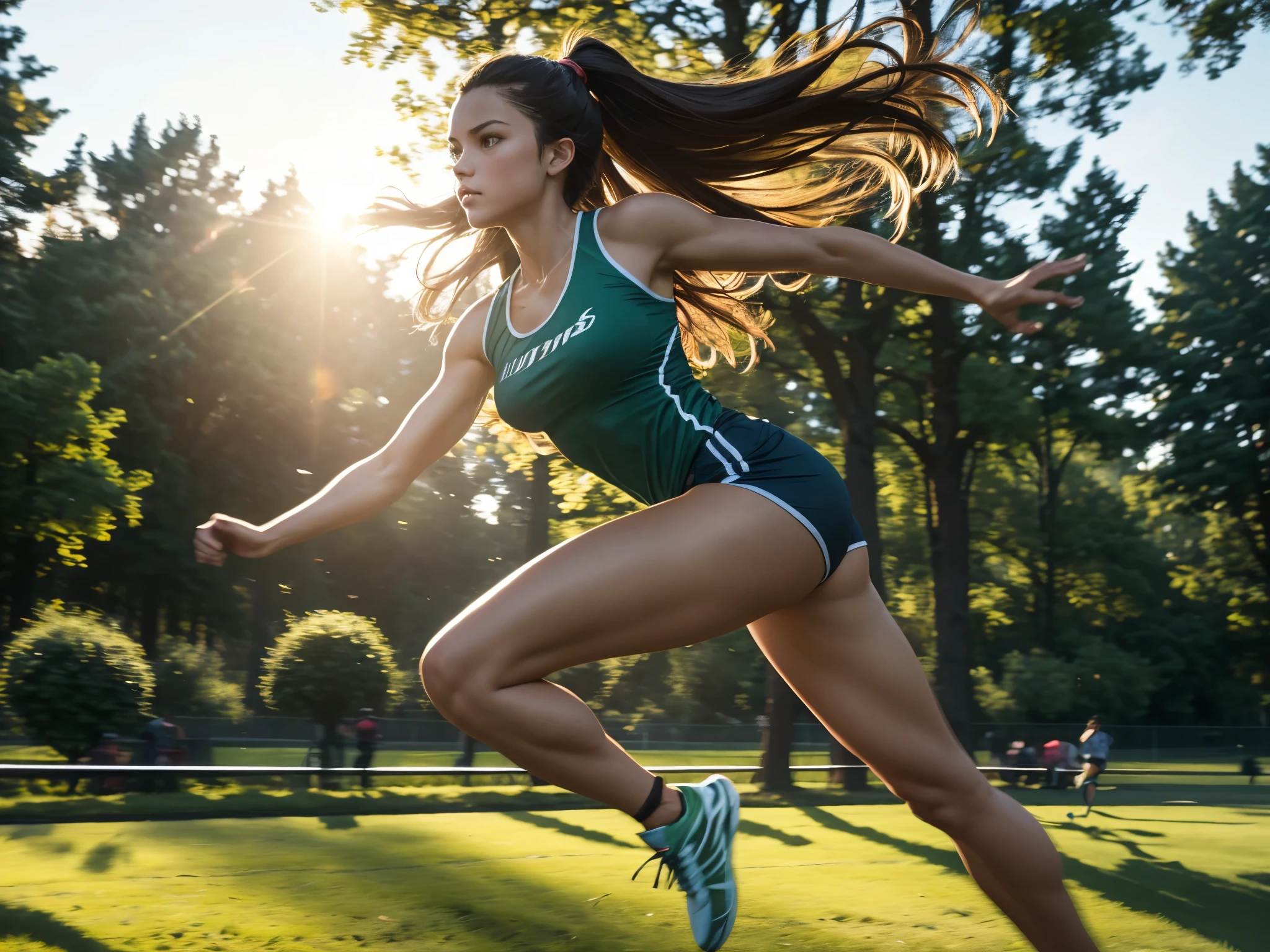 "An energetic, athletic scene featuring a fit, attractive woman with long, flowing hair, dressed in a stylish athletic outfit, sprinting in a city park at golden hour. The background is a blur of movement with soft, warm sunlight filtering through tall trees."