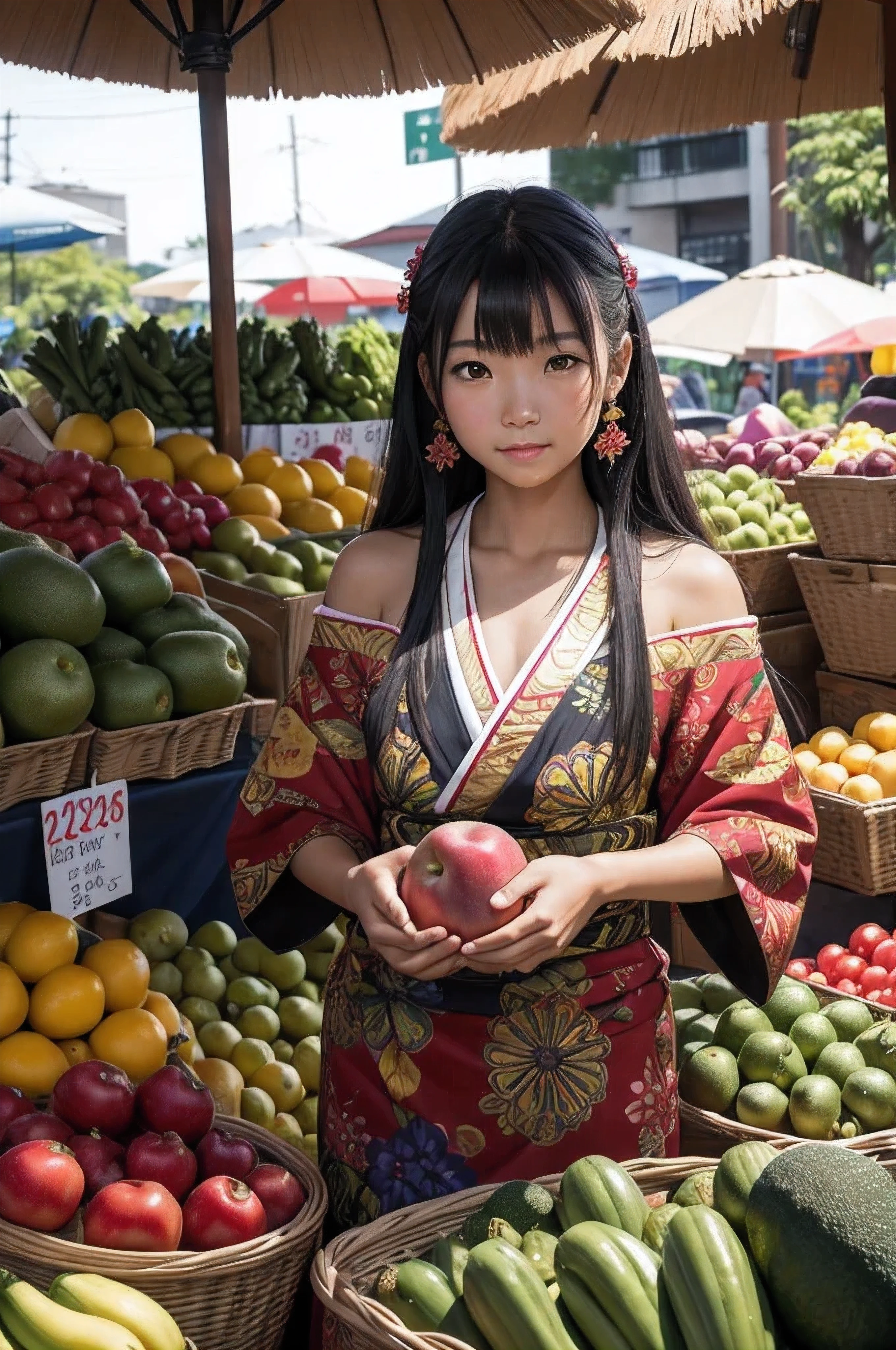 Imagine a stunningly beautiful yet shy mixed-race Japanese and Papua New Guinean girl standing amidst colorful fruits and vegetables in a vibrant market. The girl has delicate features reflecting both her Japanese and Papua New Guinean heritage, with a hint of shyness in her expression. The scene is bathed in ultra HD, photo-realistic lighting, capturing every detail of the market's hustle and bustle. The overall mood is one of feminine beauty, grace, and cultural diversity.