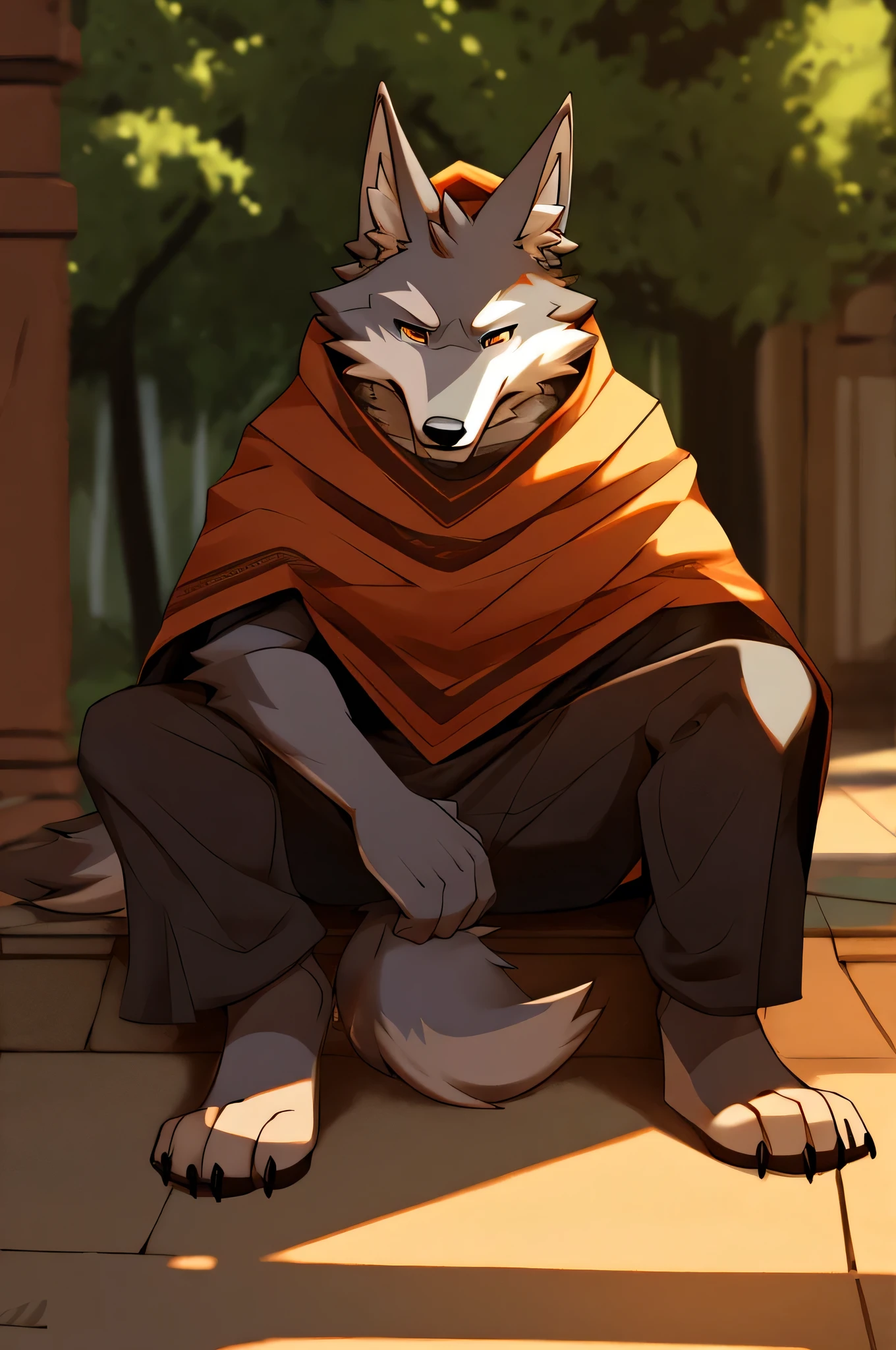 Anthro wolf sitting down on the ground and wearing a poncho