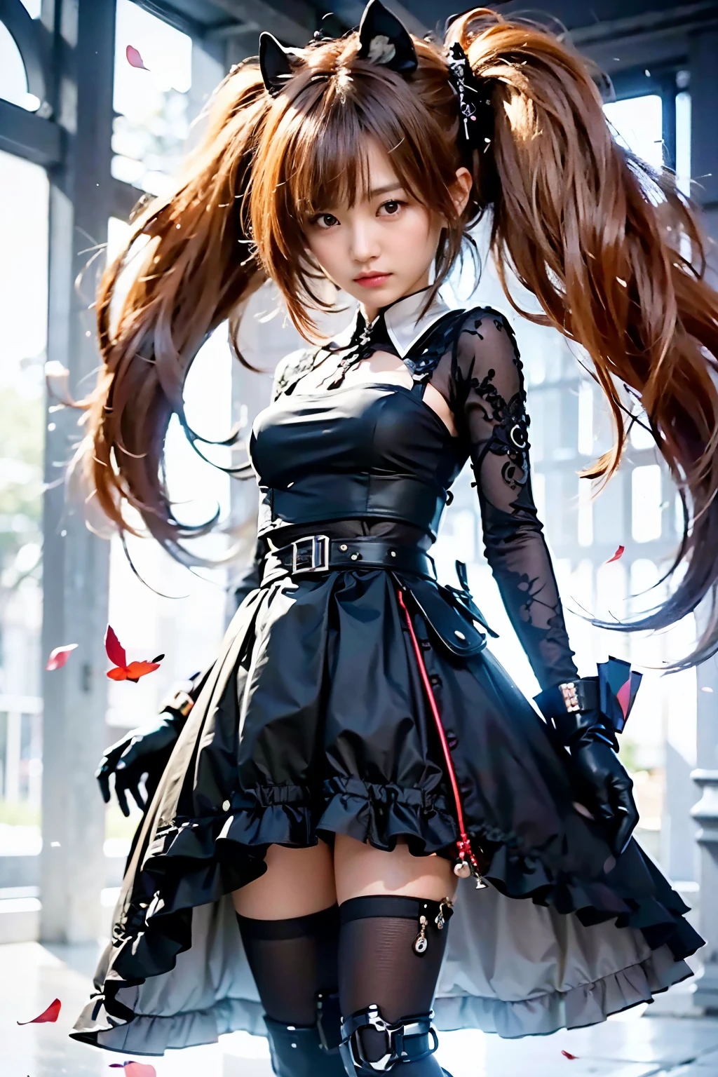 beautiful, masterpiece, Highest quality, Highly detailed face, Perfect lighting,One person, alone, matoi ryuuko, Seraph of the Black, Black Skirt, Redhead, senketsu, Torn clothes, Underbust