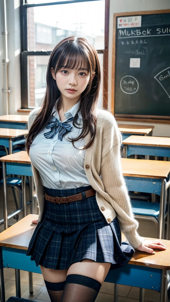 muste piece, best quality, illustration, Super detailed, fine details, High resolution, 8K,wall paper, perfect dynamic composition,(Details High quality, realistic depiction of eyes:1.3), High School Classroom、High school girl uniform、Cardigan、Super Short Check Uniform Skirt、Navy blue high socks、garterbelts、Colossal tits、Disturbed uniform、, black hair color, Big Natural Color Lip, bold sexy pose, (perfect body shape), crying a little、cold gaze, Harajuku style、20 year old girl、cute type, beautiful legs, hposing Gravure Idol, Voluptuous thighs