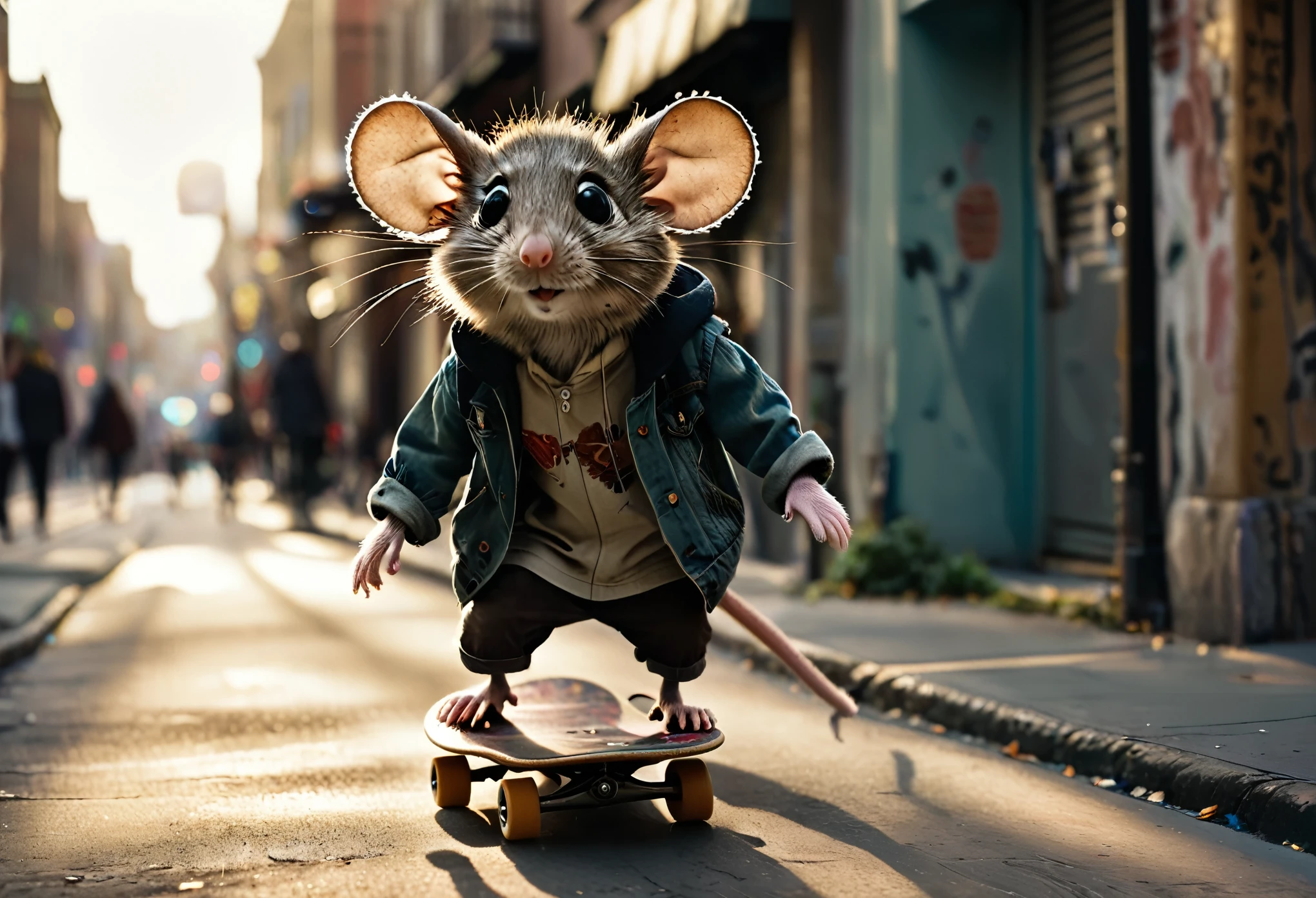 (Street photography:1.3) photo of an anthropomorphic mouse, with large expressive eyes and fur in muted tones, skateboarding with attitude, full body framing, on a gritty urban street, under warm late afternoon light casting long shadows, shot from a low angle with a wide lens, on a Canon EOS R5 with a (slightly desaturated urban grunge filter:1.2), in the style of (Boogie:1.4)