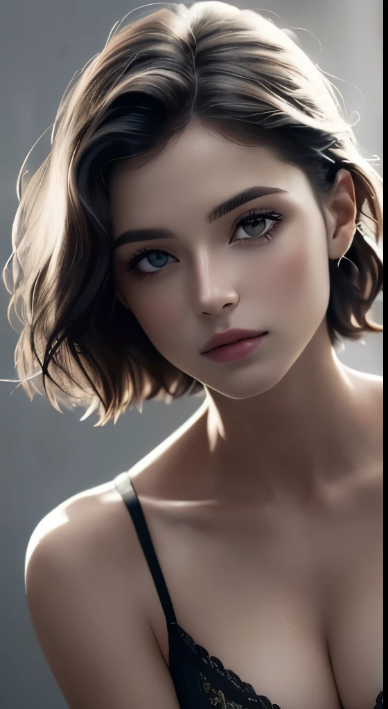 8K uhd、RAWphotograph、モデルphotograph撮影、 European race、(masterpiece、highest quality、Photorealistic、High resolution、photograph:1.3)、Close-up、Focusing、Hot Model、slim、30 year old mature woman、Small face、No makeup、Short Hair、Dark Brown Hair、Fine beautiful eyes、Realスキン、(perfect body)、Sexy hot face、Erotic、Sexual gaze、Detailed beautiful eyes、Glossy lips、Small breasts、Small breasts、Bust B cup、((Bright light、Dynamic lighting、Real、超Real、 realism、Realなディテール、Cool beauty、Cool pose、Background gray、Plain grey background