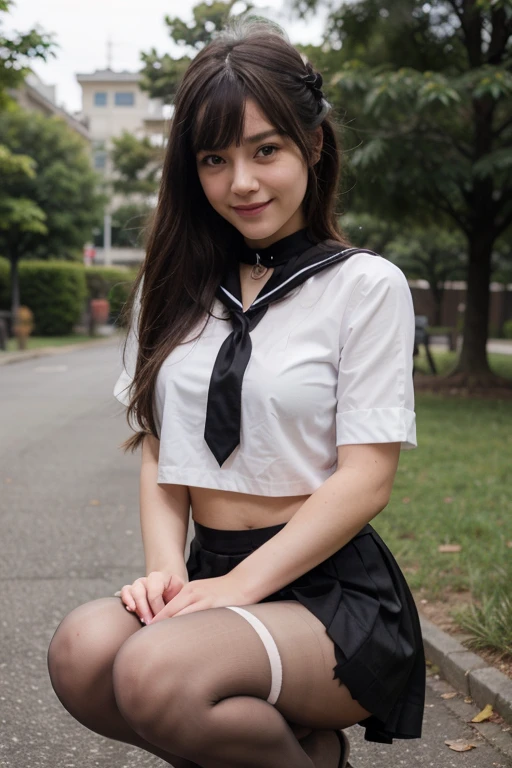 top-quality、超A high resolution、(Photorealsitic:1.4)、cosplay foto
(1 japanese girl)、hi-school girl、bangs, Idol、
((poneyTail))、White hair ribbon、Floating hair 、adultlike face、The best balance between the body and the face, high heels,
big eye、Smile、squatting,
Sailor Uniform 、Black skirt、must wear detailed shiny black pantyhose, pleated skirt、((Sailor collar))、White shirt、shortsleeves、Black tie、Floating skirt、(((Black sheer pantyhose)))、
Garden background、sunlights、the wind、