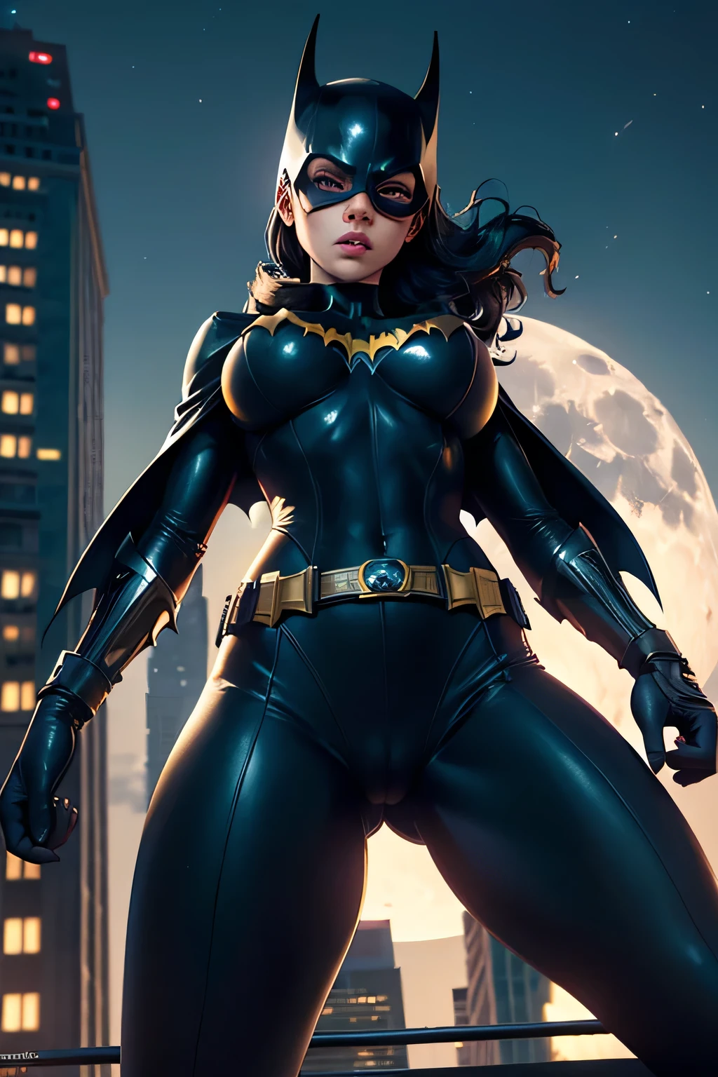 (Masterpiece: 1.3), Best Quality, Super High Resolution, (Masterpiece, High Quality: 1.2), (Sharp Focus), (Photoreal: 1.4), (Accurate Anatomy), One Girl, (Batgirl) , (night sky, cityscape, Gotham City background), reality, 3D, long hair, blue eyes, tight suit, chest, cape, belt, medium chest, superhero, mitts, lips, black bodysuit, bewitching , sexy, erotic, beautiful face, detailed face, perfect proportions, huge breasts, thin waist, navel, crotch gap, thighs, pose jumping off a building, (from below:1.5), beautiful curves, rooftop of a building, big full moon,