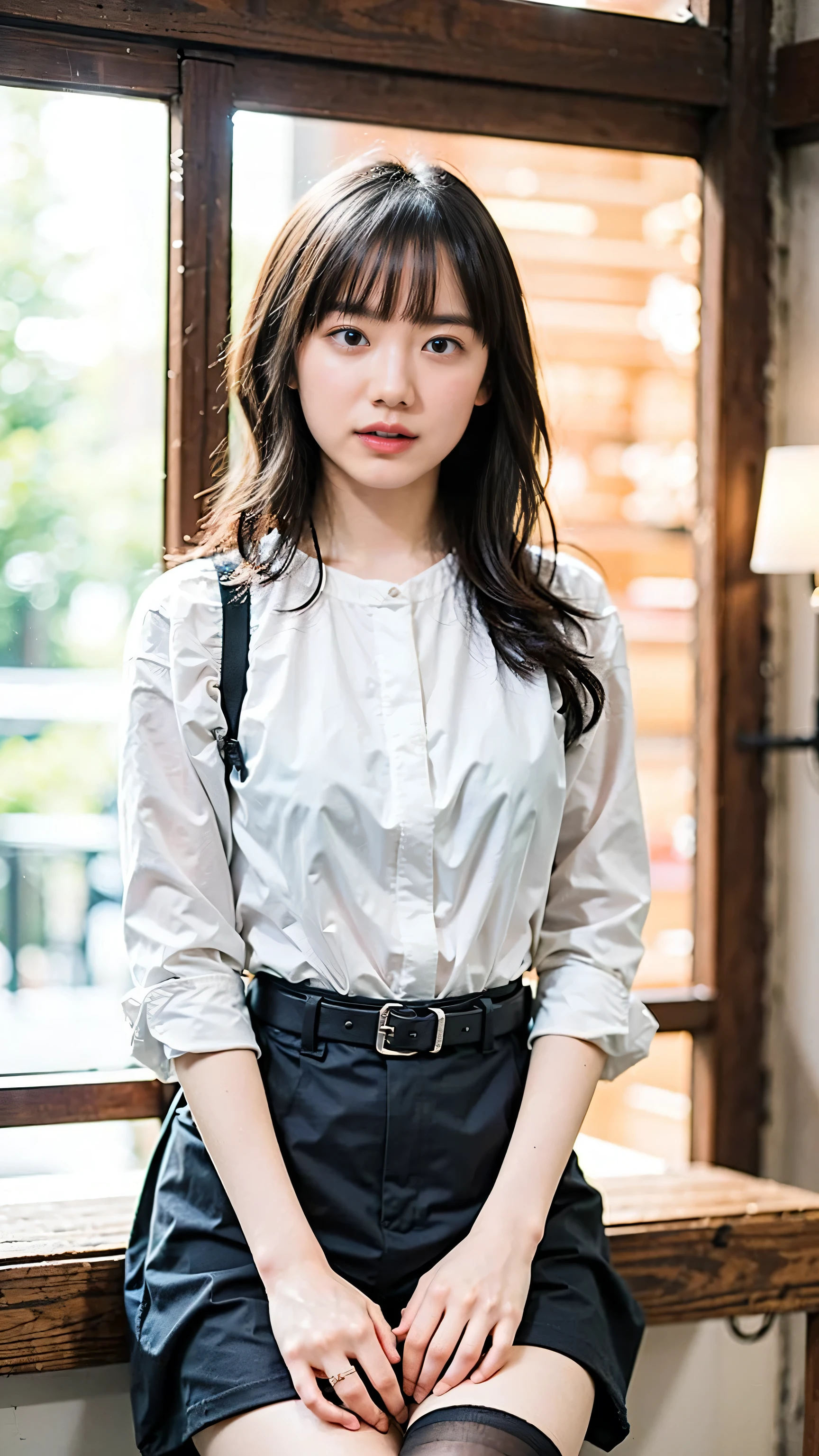 (8k、RAW Photos、highest quality、masterpiece:1.2)、(Realistic、Realistic)、1 girl、((pink and black police uniform、Shorts、Big Breasts、I can see your chest、View from the front、belt、Knee socks、Stand with hands on hips、In the city))、