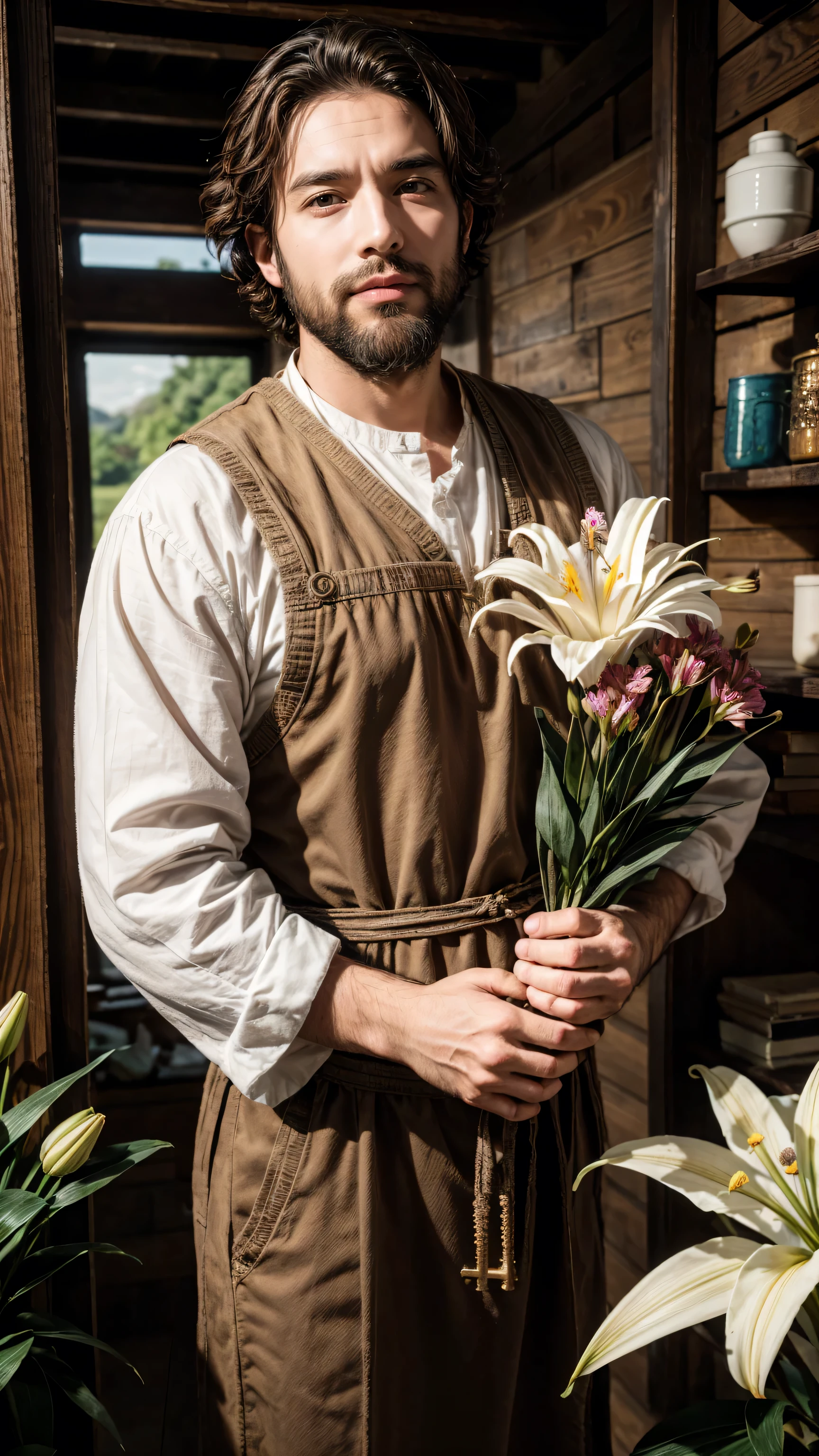 male, 38 years old, Jewish, Direct, short hair, Brown hair, curls, full beard, purity, carpenter profession, carpenter clothing, Key Points, face and hands, landscape of various flowers, lily, hands holding bunch of lily, 8k, Savage, English Stone. Joseph