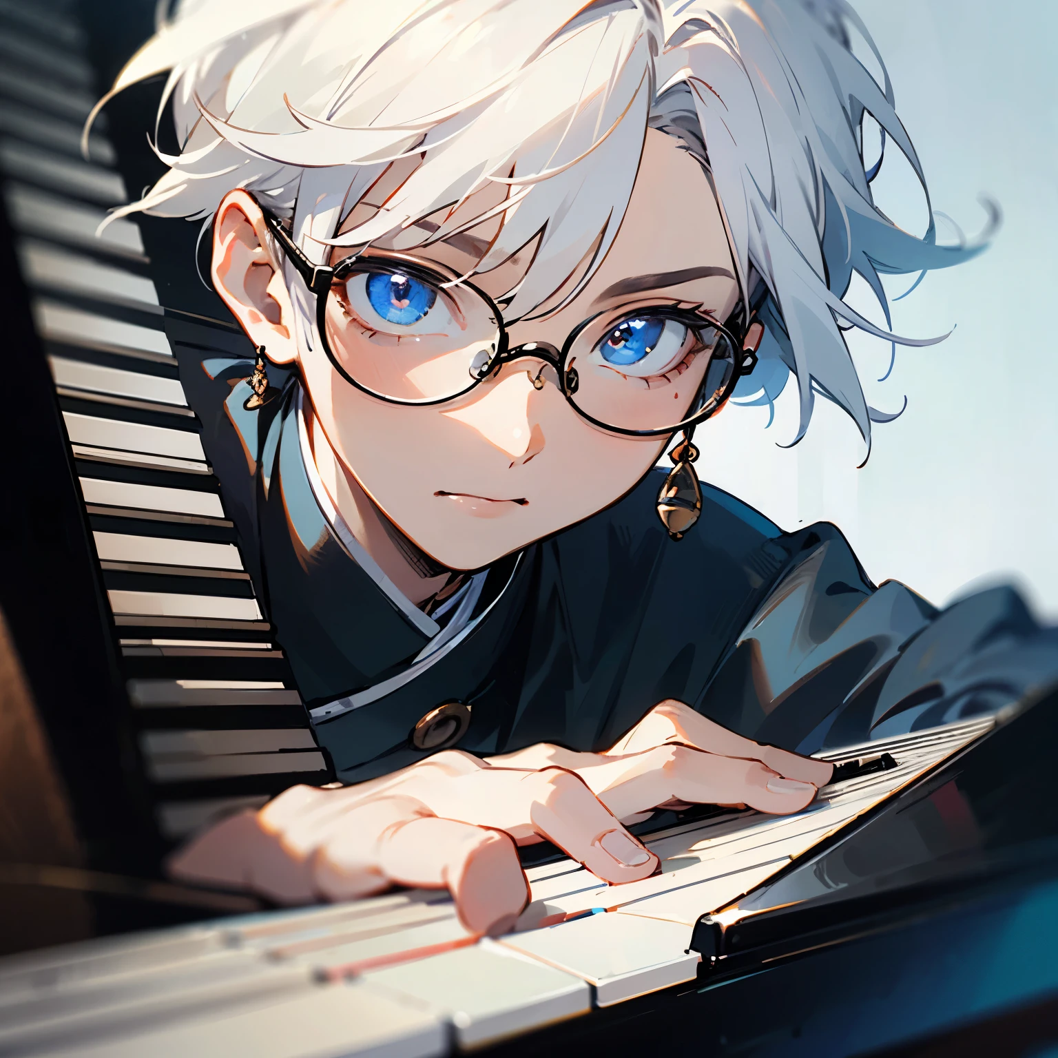 ((best quality)), ((masterpiece)), (detailed), Perfect face，Playing at the piano，White hair，Wear rimless glasses，The eyeballs are blue，boy，Asian