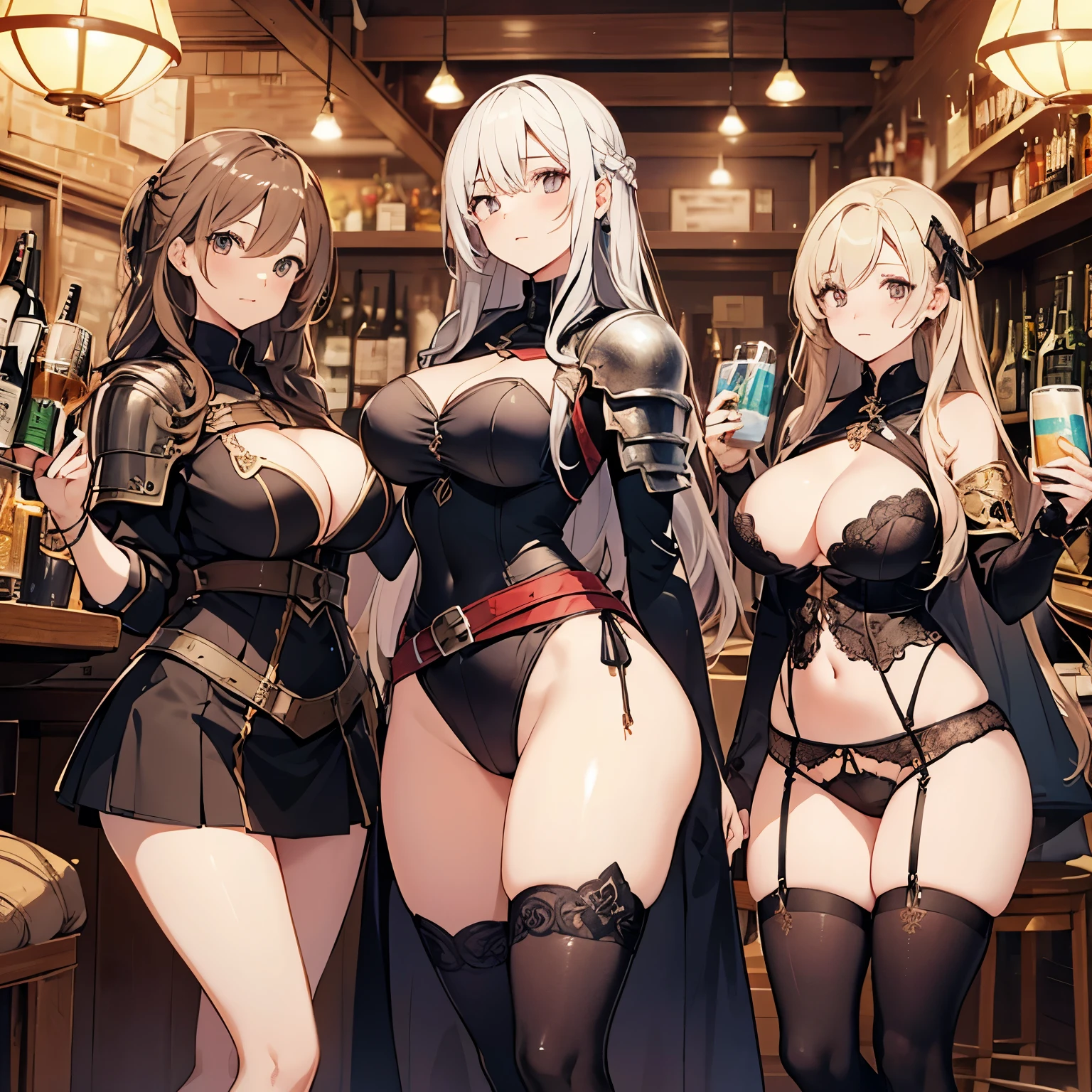 A group of female adventurers set in a medieval fantasy world, (At the pub), Mr.々Hair style, Harem, night, Detailed aspect, Short skirt, Seduce, No sleeve, armor 、showing off panties、Huge Breasts、Big Ass、wide waist width、Pulling up her skirt