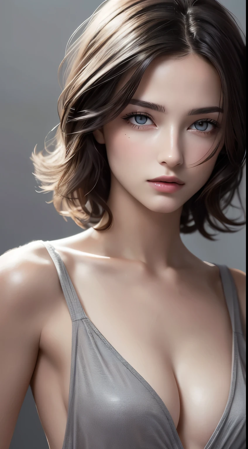 8K uhd、RAWphotograph、モデルphotograph撮影、 European race、(masterpiece、highest quality、Photorealistic、High resolution、photograph:1.3)、Close-up、Focusing、Hot Model、slim、30 year old mature woman、Small face、No makeup、Short Hair、Dark Brown Hair、Fine beautiful eyes、Realスキン、(perfect body)、Sexy hot face、Erotic、Sexual gaze、Detailed beautiful eyes、Glossy lips、Small breasts、Small breasts、Bust B cup、((Bright light、Dynamic lighting、Real、超Real、 realism、Realなディテール、Cool beauty、Cool pose、Background gray、Plain grey background