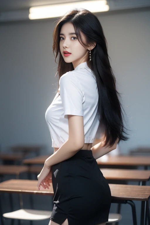 (8K,high resolution,Masterpiece, best quality, alone, complicated details, Chromatic aberration), realistic, ((Moderate breath)), hair in one eye,purple eyes, round hoop earrings, sharp eyes, Diamond-encrusted choker, (symmetrical eyes),(Perfect symmetrical body),Photo of a beautiful 21 year old teenage girl,(fit the body), looking at the audience, ((In the background of a large classroom)), (black short skirt), ((The young woman wore a form-fitting white short-sleeved shirt., Unbuttoning the buttons, Revealing a little breast Wear a blue short-sleeved lab coat as outerwear. )), ((A short black pencil skirt with a deep slit on the side..)), belt, ((Put your hands down.)),Blonde hair, Bob, long hair, Lateral smoothness, sit, sharp eyeliner, Eye shadow blush with thick eyelashes, Very delicate and beautiful, round chin, Sharp focus, elegant,sitบนโต๊ะเรียน ยกขาข้างหนึ่งขึ้นให้อยู่ในระดับสายตา, The legs are slightly separated..,dynamic gesture,((Wear a blue short-sleeved lab coat over you. Sharp, long, butt level))