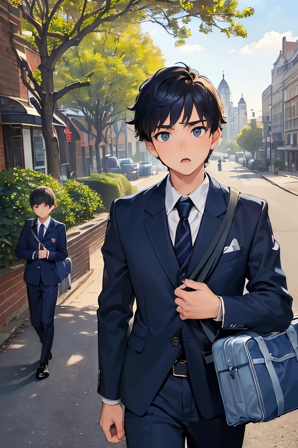 ((best quality)), ((masterpiece)), ((detailed)), (((perfect face))), (((18yo teen boy in navy blue suit with school bag))), (((walking across city street))), (((city road))), (((brick arch gate in background))), (((trees))) (((looking sideways at viewer))), (((surprised:1.4))), (((big wide eyes))), (((black shoes)))