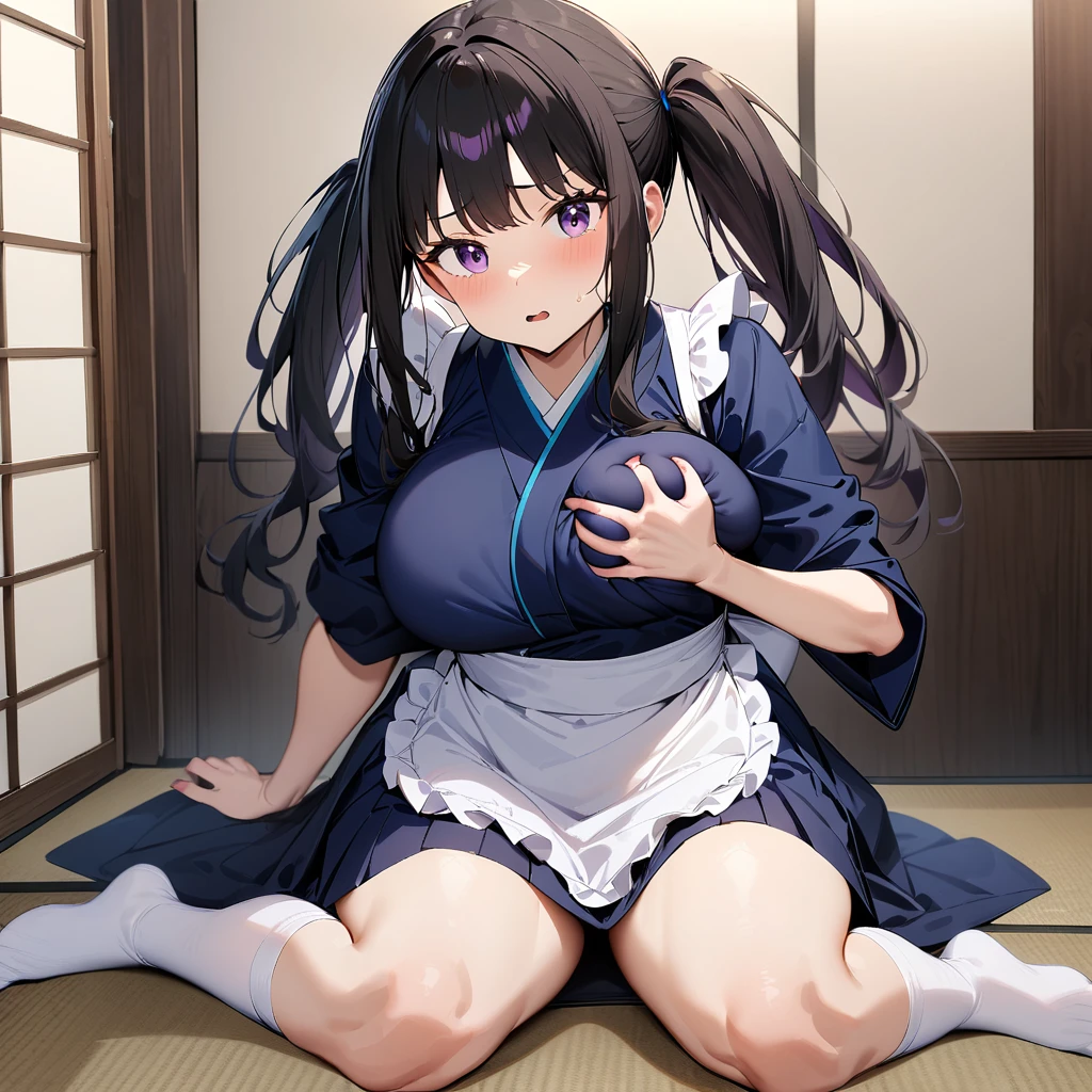 masterpiece, best quality, very aesthetic, absurdres, 1girl, inoue takina, lycoris recoil, long hair, bangs, twintails, black hair, (purple eyes:1.2), japanese clothes, kimono, apron, waist apron, blue kimono, waitress, Sitting, (breast grab:1.3), full body