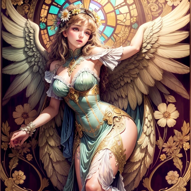 Stained glass, beautiful vintage woman,open angel wings,alphonse mucha style,Intricate flowery background