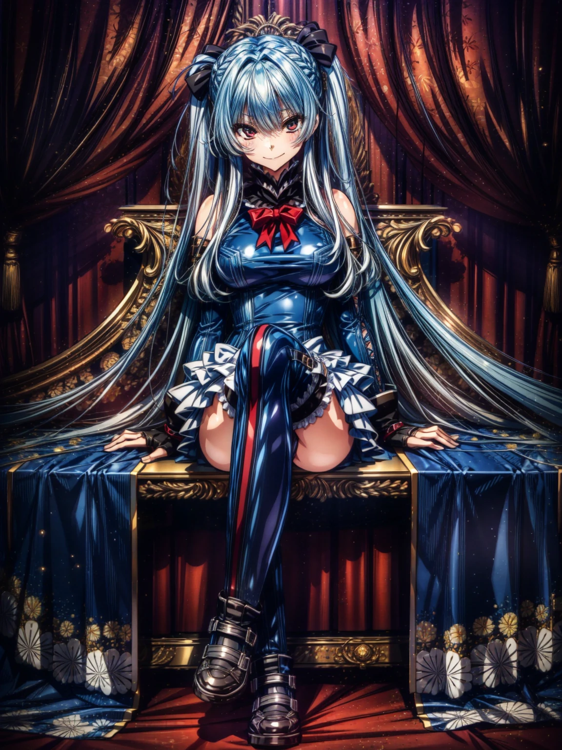 Perfect Anatomy, highest quality, marirose,look at me affectionately,Provocative attitude
,Wicked Smile,Anime Style,(Ruffled swimsuit, Knee socks, Removed sleeve), (Anime Style:1.4) ,
,(White fingers:1.1,Black gloves),Very long hair,Very evil aura,Rape Eye,Full Body View,sitting, crossing legs,, symmetrical, looking down, from bottom, looking at viewer, 
