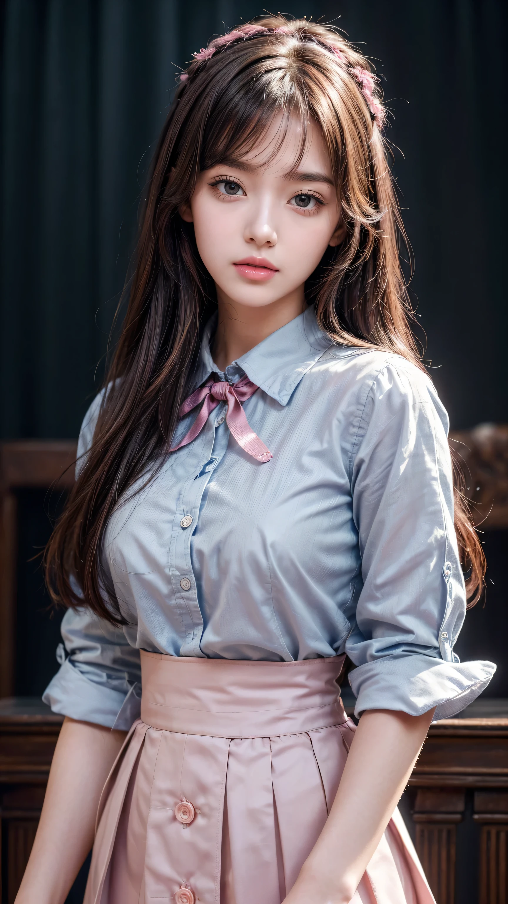 (detailed beautiful eyes and detailed face, masterpiece side light, masterpiece, best quality, detailed, High resolution illustrations), (1 girl, beautiful girl, Glowing skin, look down, Looking at the audience), ( Sky blue long hair, Pink Eyes, skirt, ribbon, Button-down shirts) 45 degrees, top view,  sideways, (Hand details)
