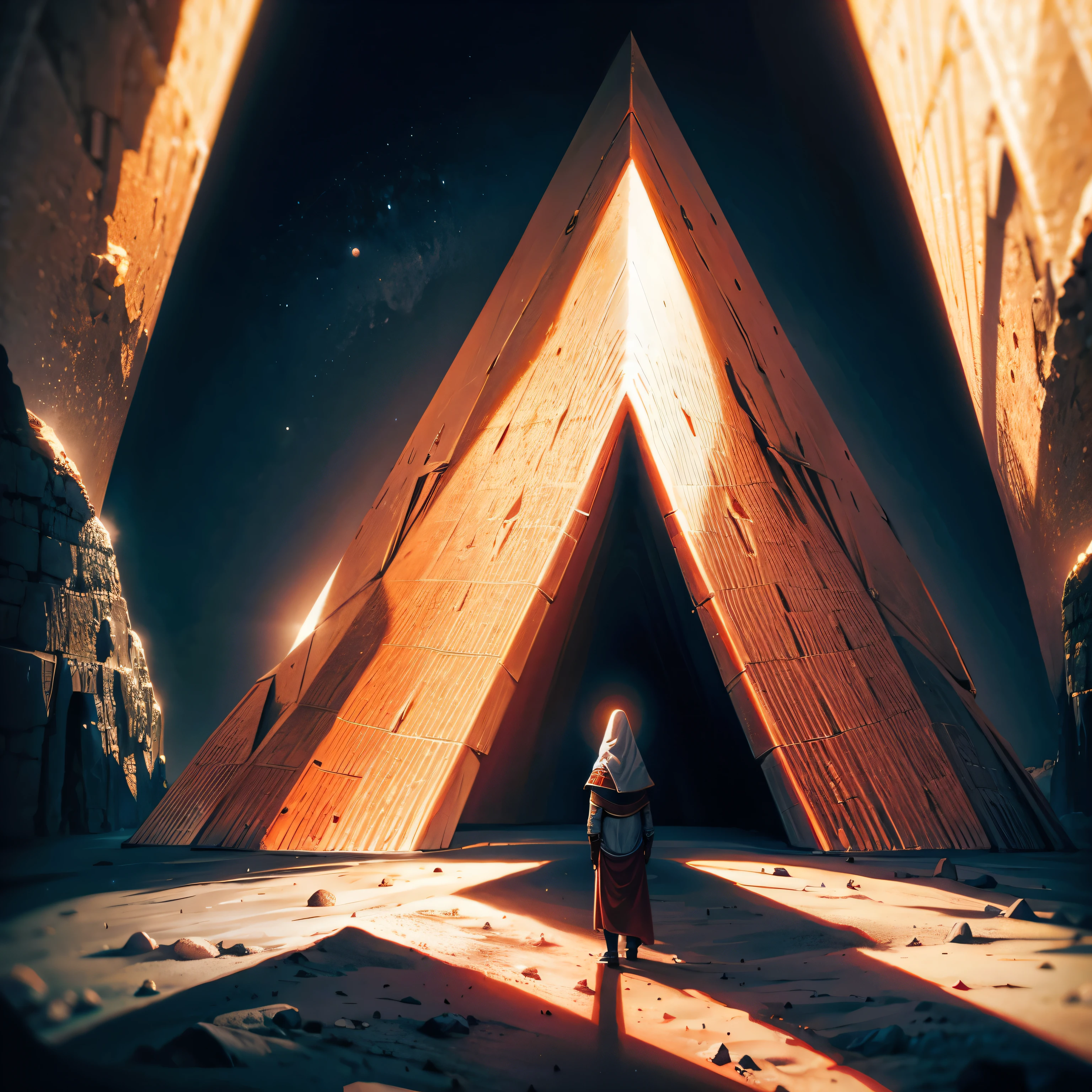  red Egypt Pyramid center on moon surface, one king man seat on the front, clear atmosphere, minimal photography visual, detai, moon surface  