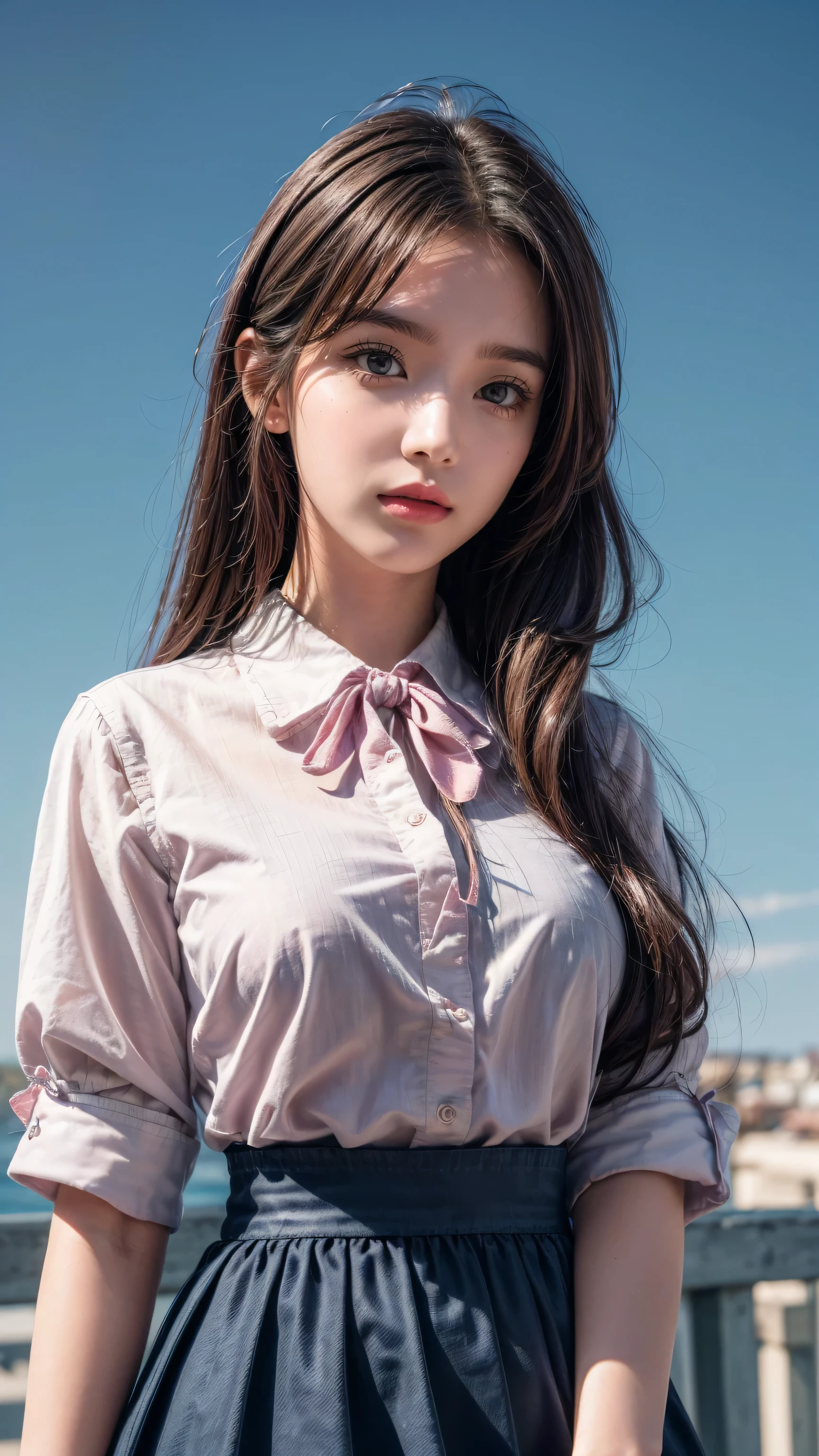 (detailed beautiful eyes and detailed face, masterpiece side light, masterpiece, best quality, detailed, High resolution illustrations), (1 girl, beautiful girl, Glowing skin, look down, Looking at the audience), ( Sky blue long hair, Pink Eyes, skirt, ribbon, Button-down shirts) 45 degrees, top view,  sideways, (Hand details)