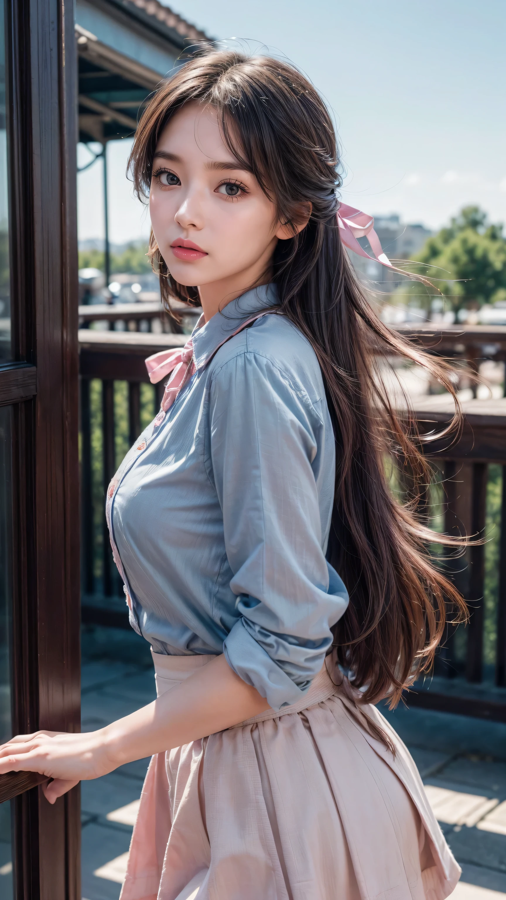 (detailed beautiful eyes and detailed face, masterpiece side light, masterpiece, best quality, detailed, High resolution illustrations), (1 girl, beautiful girl, Glowing skin, look down, Looking at the audience), ( Sky blue long hair, Pink Eyes, skirt, ribbon, Button-down shirts) 45 degrees, top view, sideways, (Hand details)